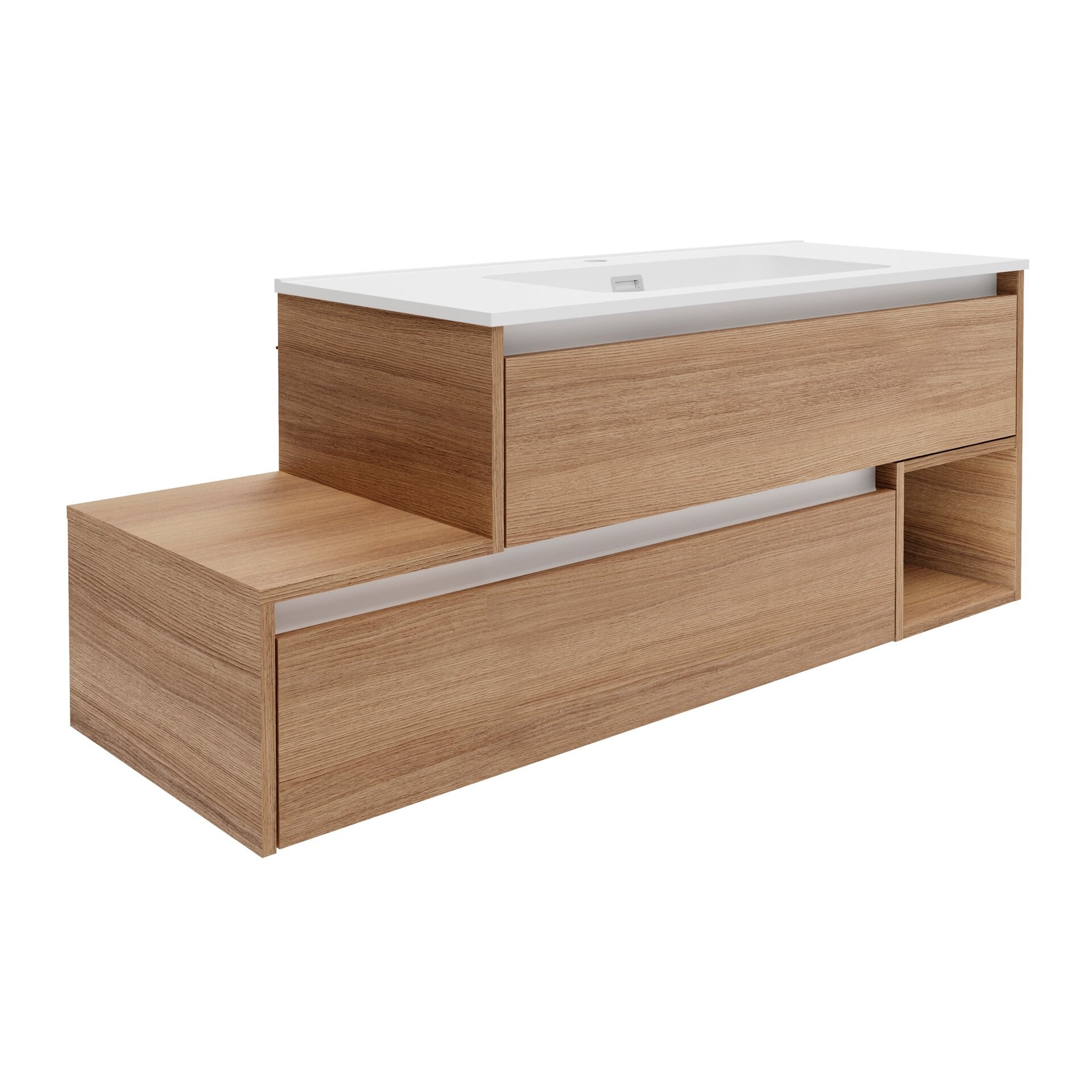 FACKELMANN VITA Waschbecken mit Unterschrank 129 cm breit, Braun hell, Waschbecken Gussmarmor Weiß matt, Ablage links, asymmetrisch