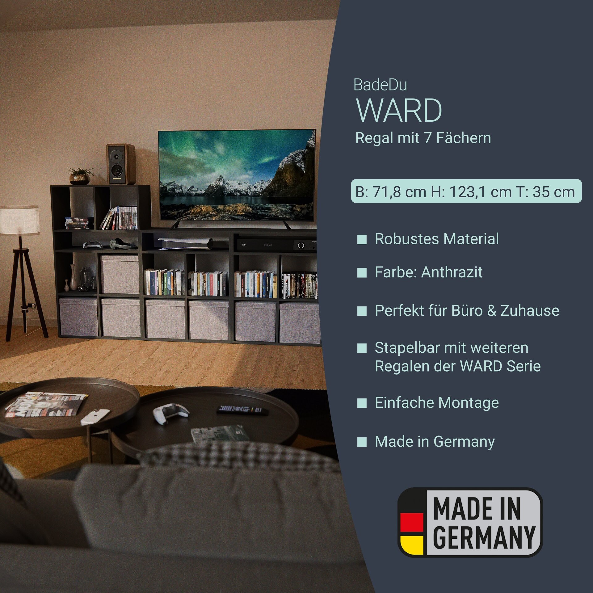 BADEDU WARD Regal 72 cm breit, Anthrazit, 7 Fächer