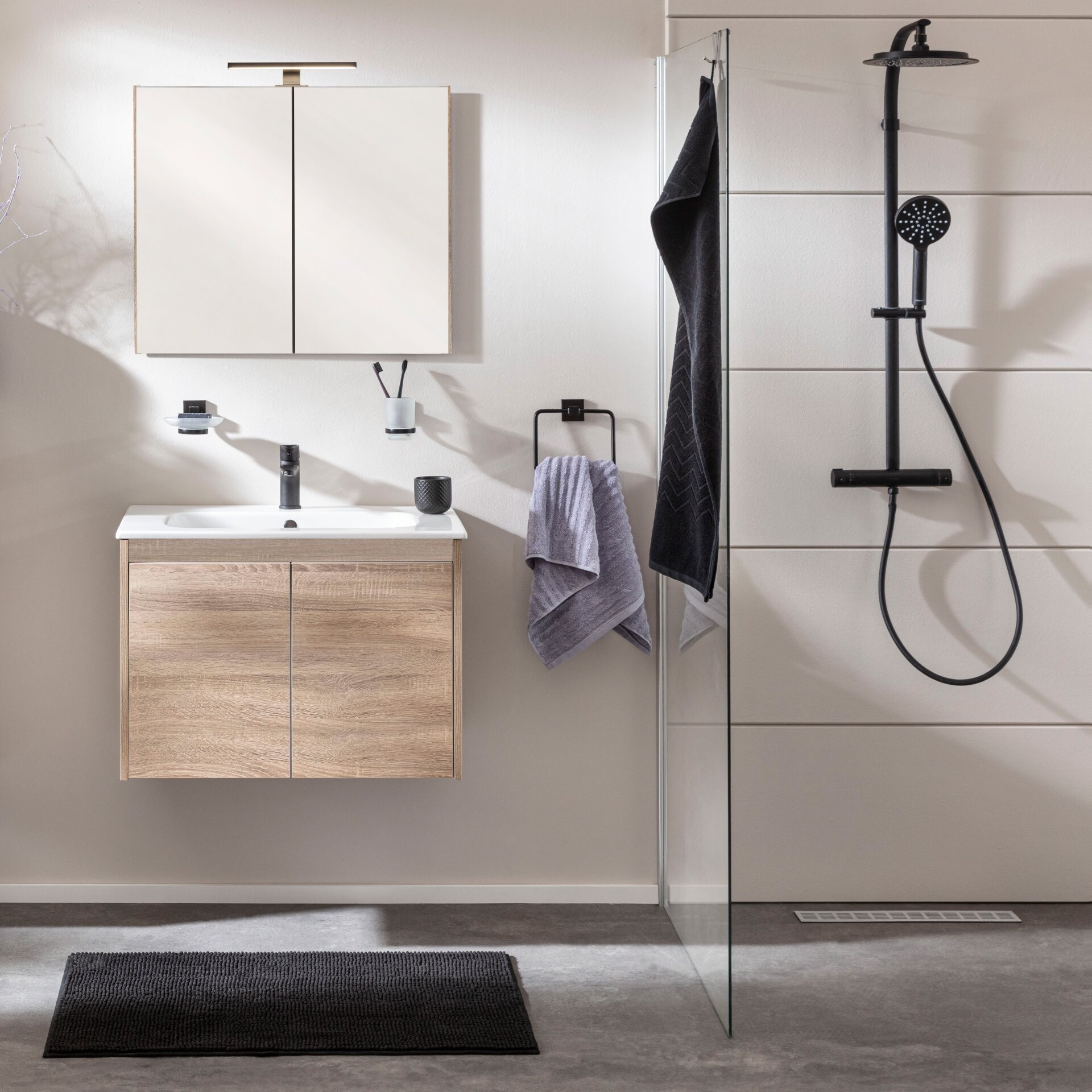 FACKELMANN COMPACT LINE Waschtisch Set mit Spiegelschrank 71 cm breit, Braun, Waschbecken Keramik Weiß, inklusive Aufsatzleuchte und Energie Box