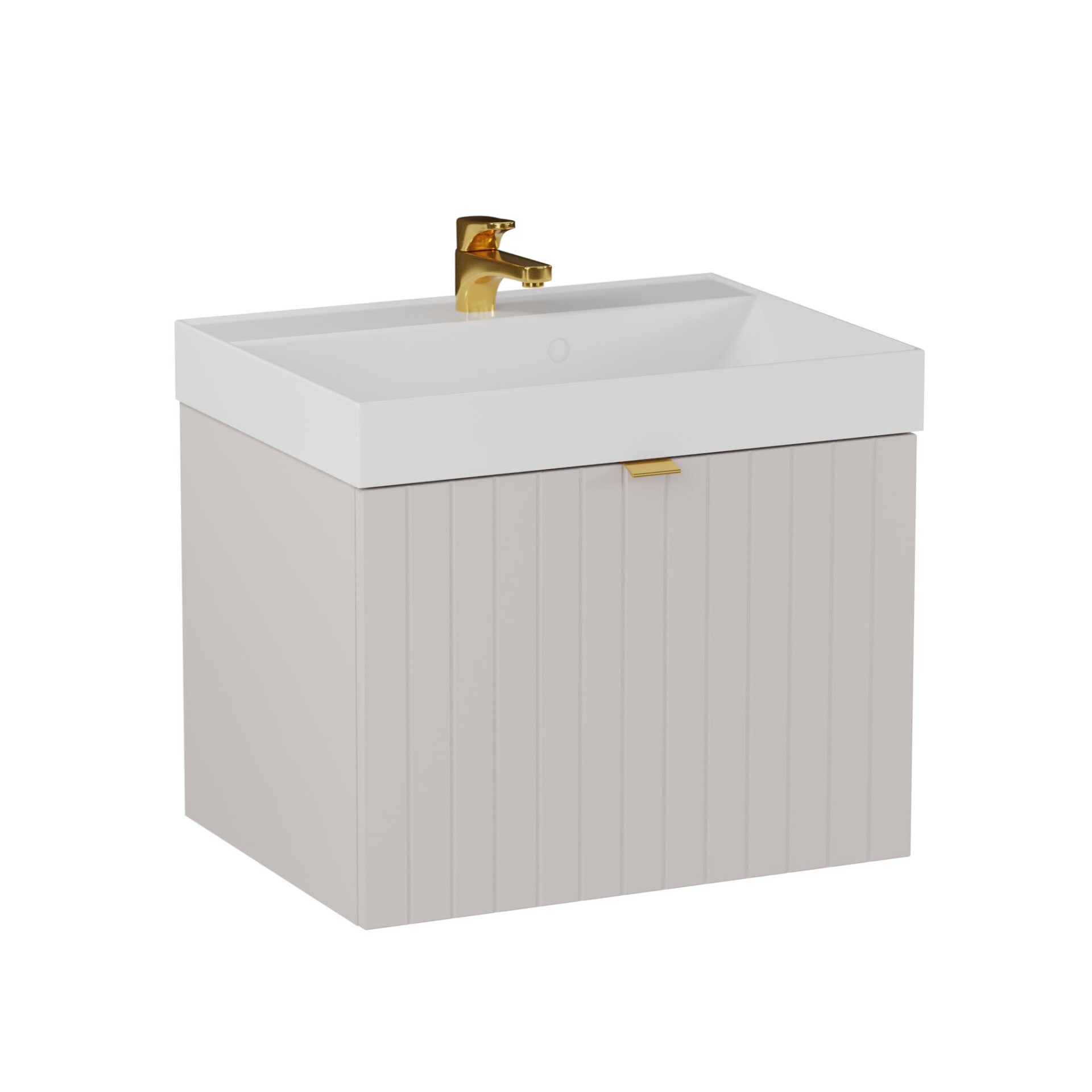 BADEDU ESLA Waschbecken mit Unterschrank 59 cm breit, Grau, Waschbecken Gussmarmor Weiß