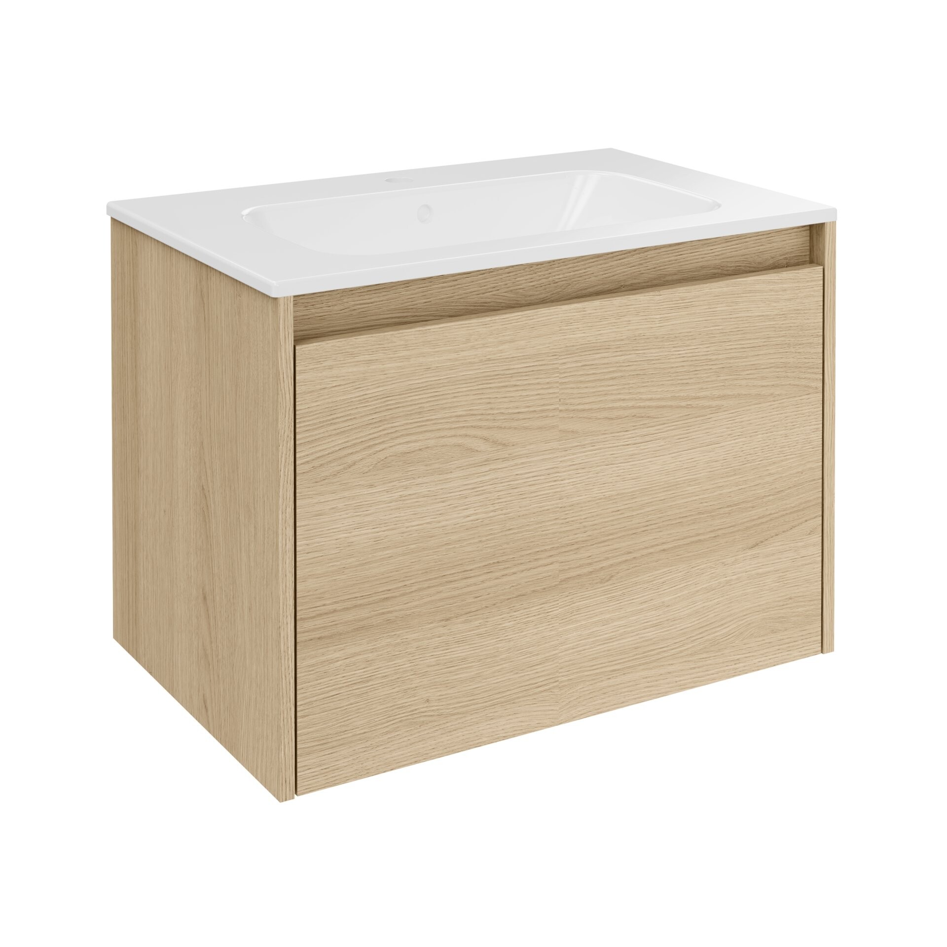 FACKELMANN COMPACT LINE Waschbecken mit Unterschrank 71 cm breit, Braun hell, Waschbecken Keramik Weiß, 1 Schublade