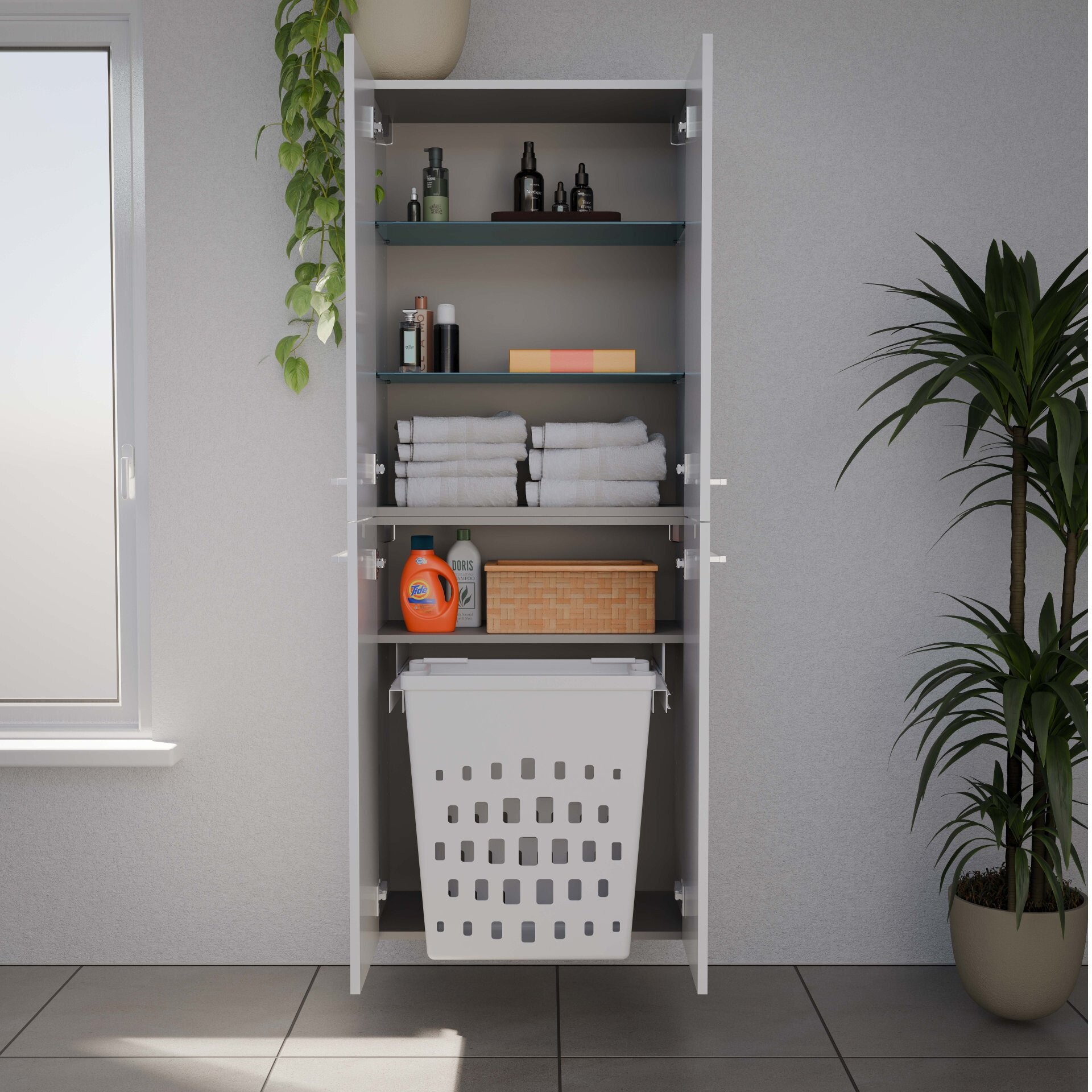 FACKELMANN VERONA Doppel Hochschrank 60 cm, Weiß Hochglanz mit Wäschekorb