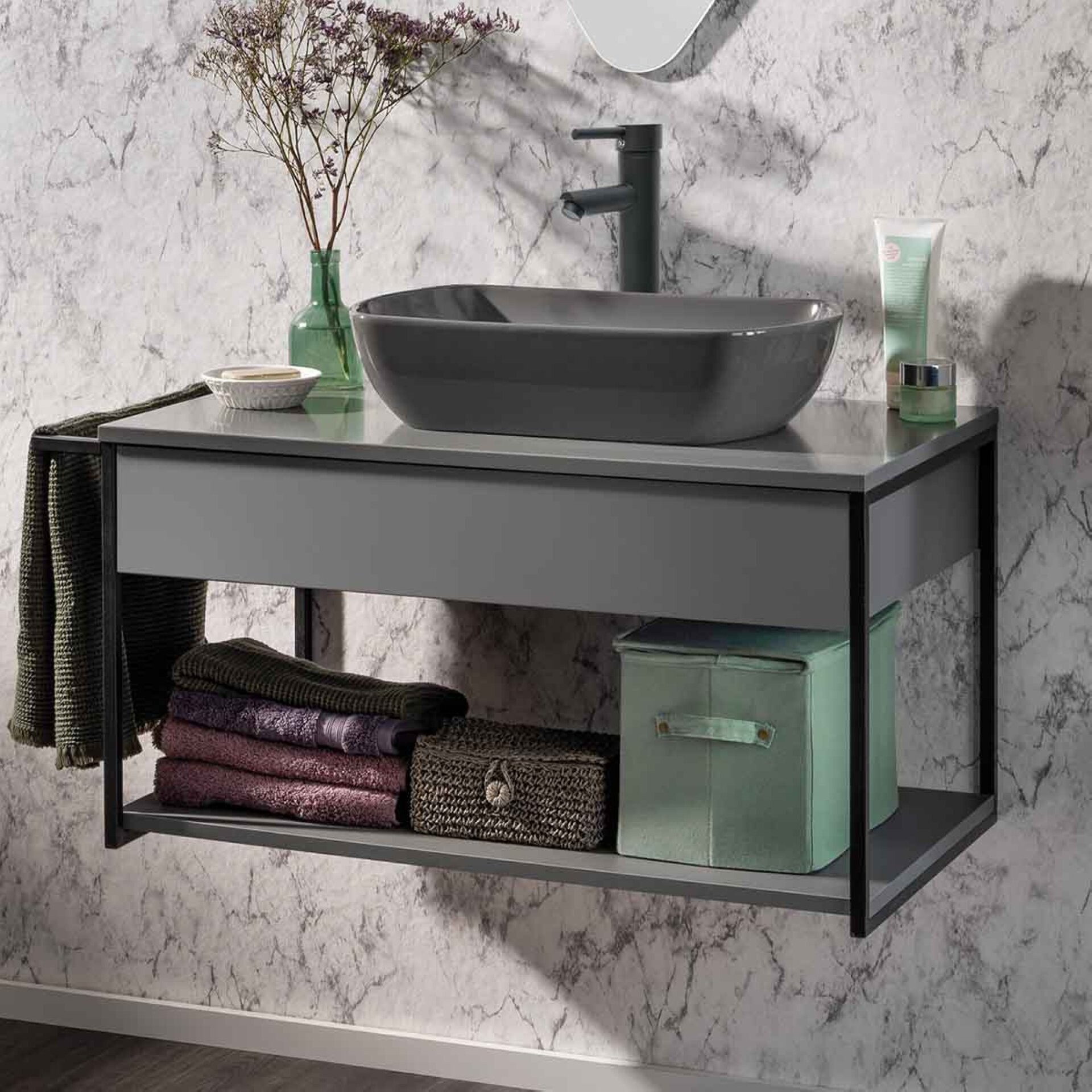 Fackelmann NEW YORK Waschtischunterschrank 88 cm breit, Grau Fackelmann NEW YORK Waschtischunterschrank 88 cm breit, Grau