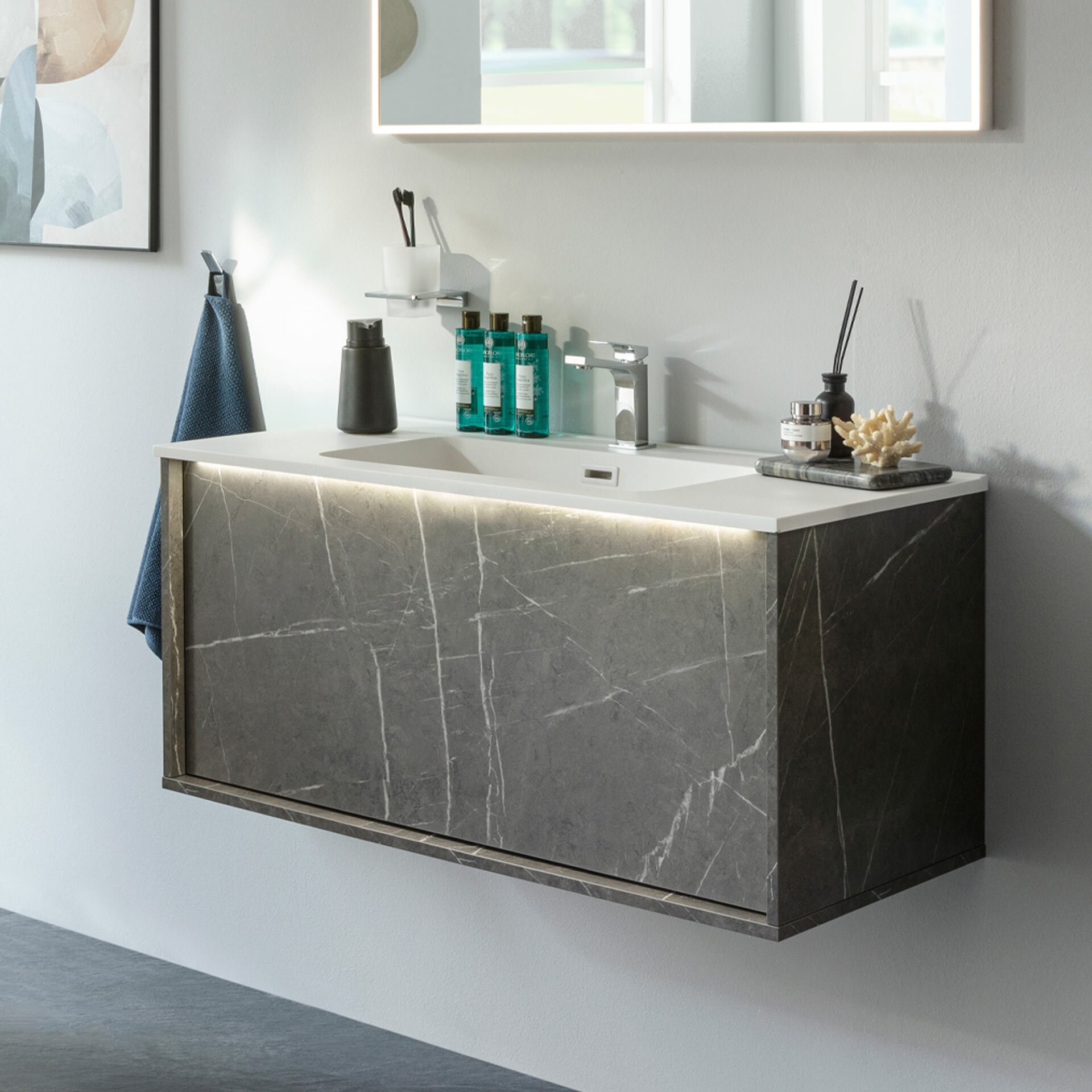 LANZET DUNE Waschbecken mit Unterschrank 101 cm breit, Marmor Grau, Waschbecken Gussmarmor Weiß, inkl. LED-Beleuchtung