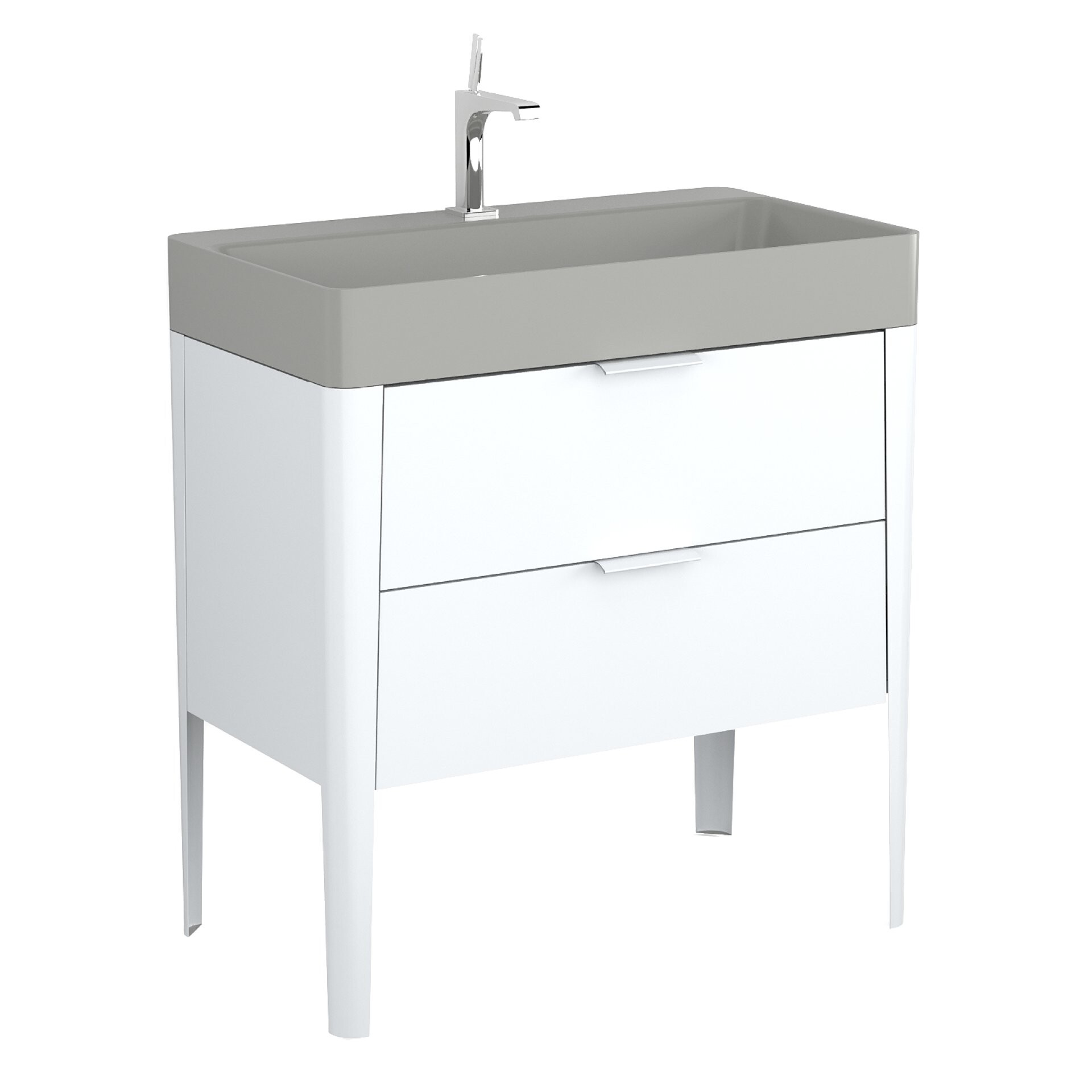 BADEDU SORA Waschbecken mit Unterschrank 80 cm breit, Weiß matt, Waschbecken Quartzkomposit Grau, aus Aluminium, mit Füßen