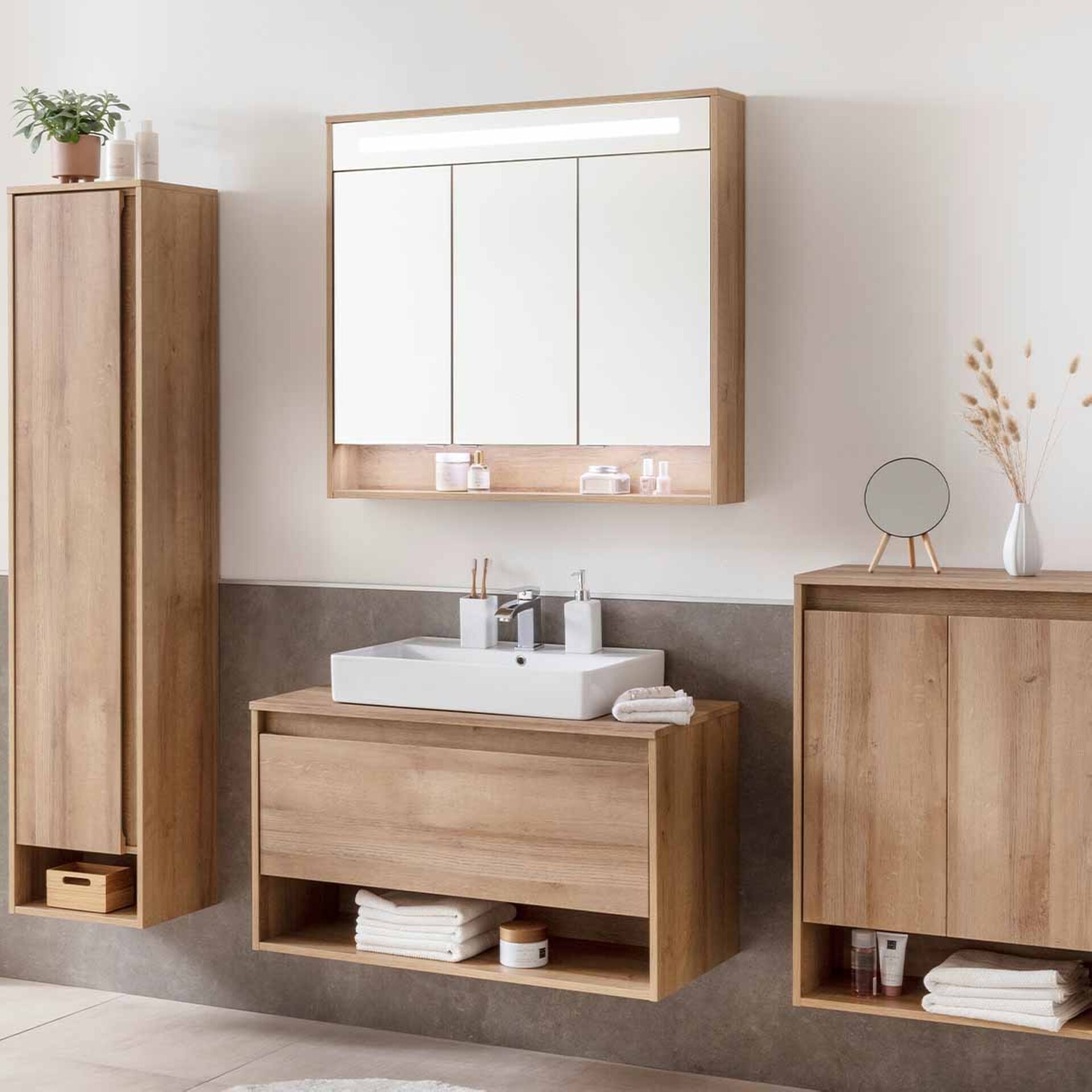 Fackelmann NATURA Badmöbelset 3-teilig, Keramikbecken, LED Spiegelschrank, 94 cm breit, Braun hell Fackelmann NATURA Badmöbelset 3-teilig, Keramikbecken, LED Spiegelschrank, 94 cm breit, Braun hell