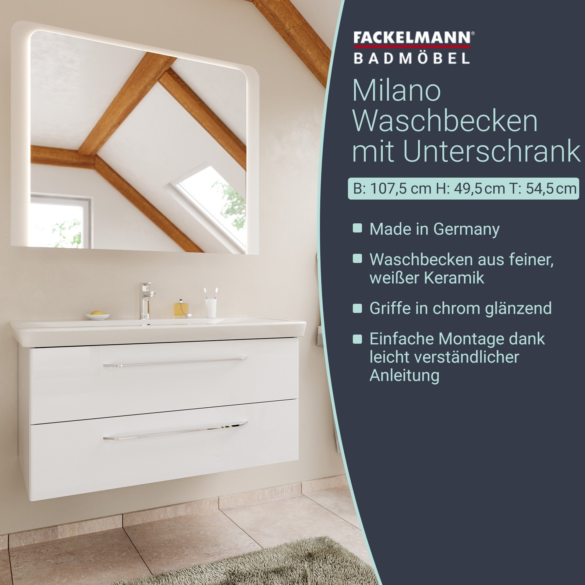 FACKELMANN MILANO Waschtisch mit Unterschrank, 107 cm breit, Weiß, Waschbecken Keramik