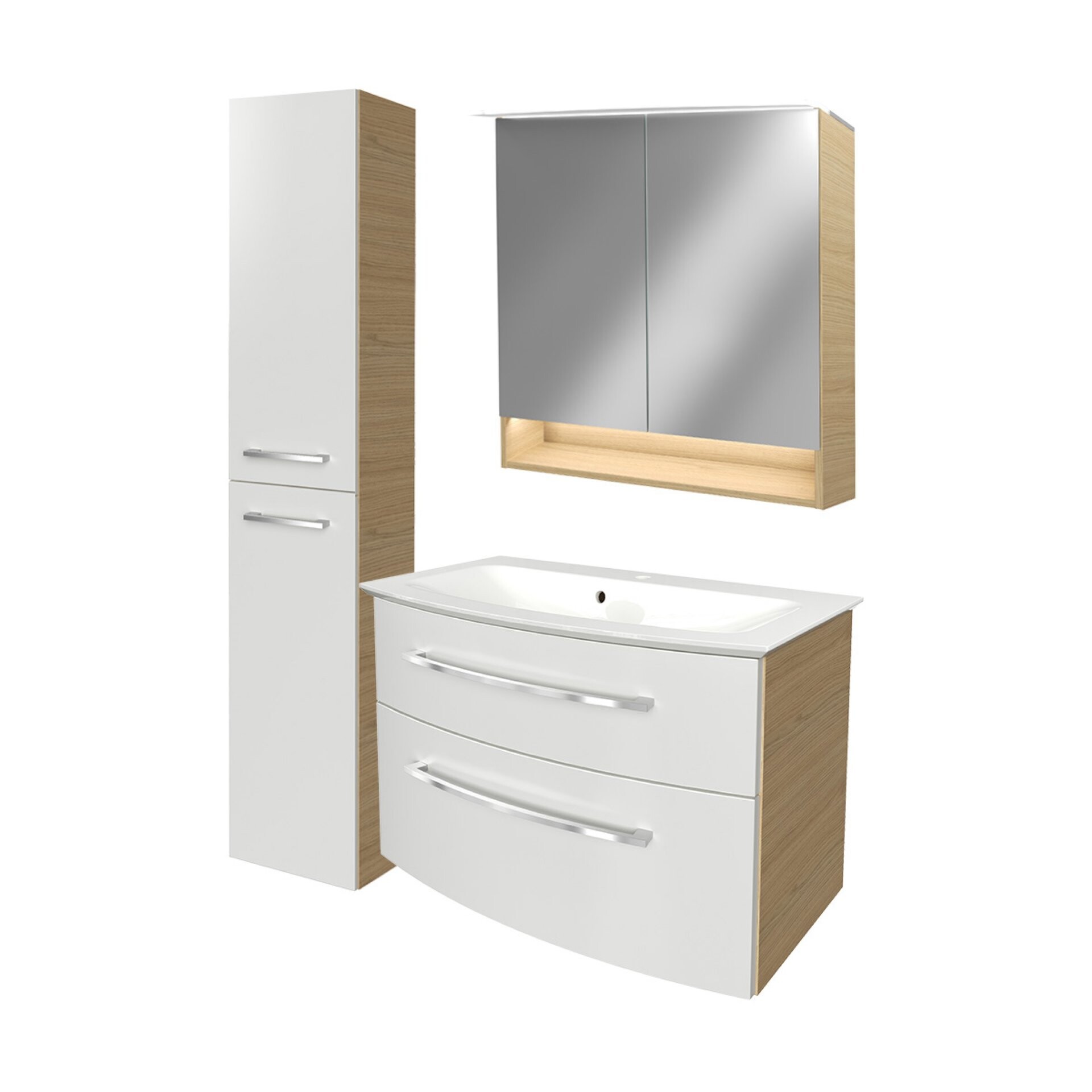 Fackelmann B.STYLE Badmöbel Set 4-teilig, 83 cm, Weiß/Braun + LED-Spiegelschrank + Hochschrank links Fackelmann B.STYLE Badmöbel Set 4-teilig, 83 cm, Weiß/Braun + LED-Spiegelschrank + Hochschrank links