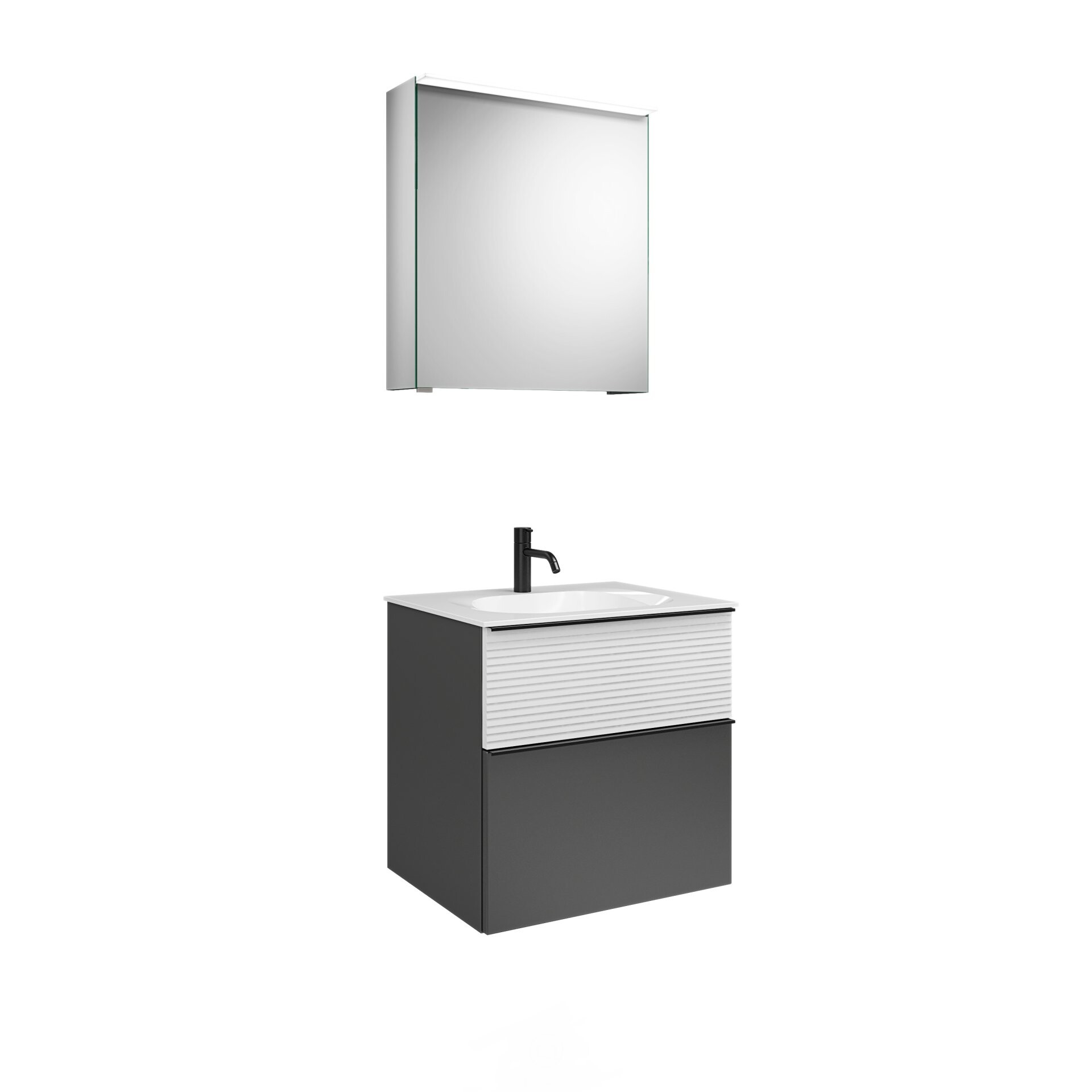 Burgbad FIUMO Waschtisch Set mit Spiegelschrank 62 cm breit, Weiß/Anthrazit, Waschbecken Gussmarmor Weiß, Anschlag rechts Burgbad FIUMO Waschtisch Set mit Spiegelschrank 62 cm breit, Weiß/Anthrazit, Waschbecken Gussmarmor Weiß, Anschlag rechts
