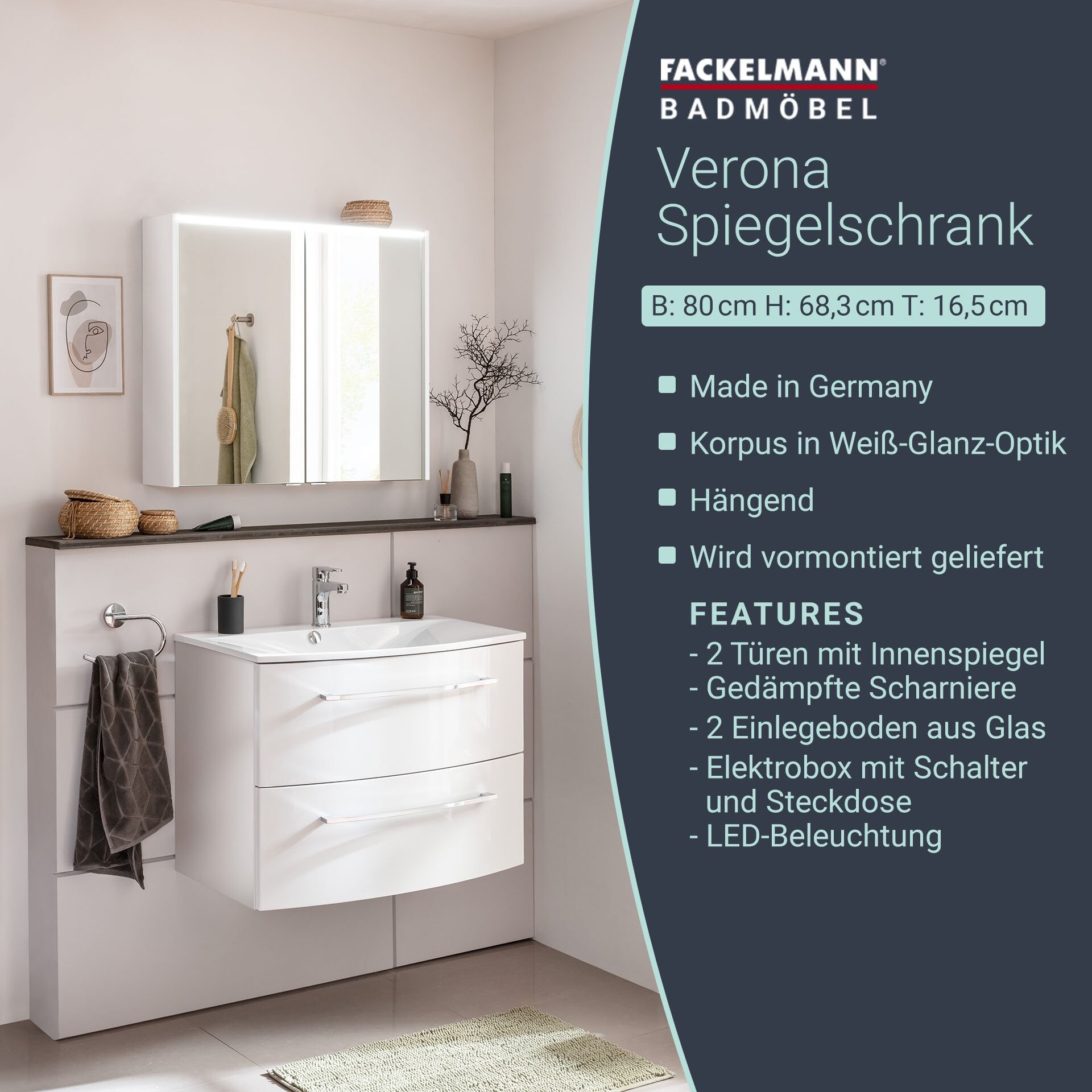 Fackelmann VERONA LED Spiegelschrank 80 cm, Weiß Glanz