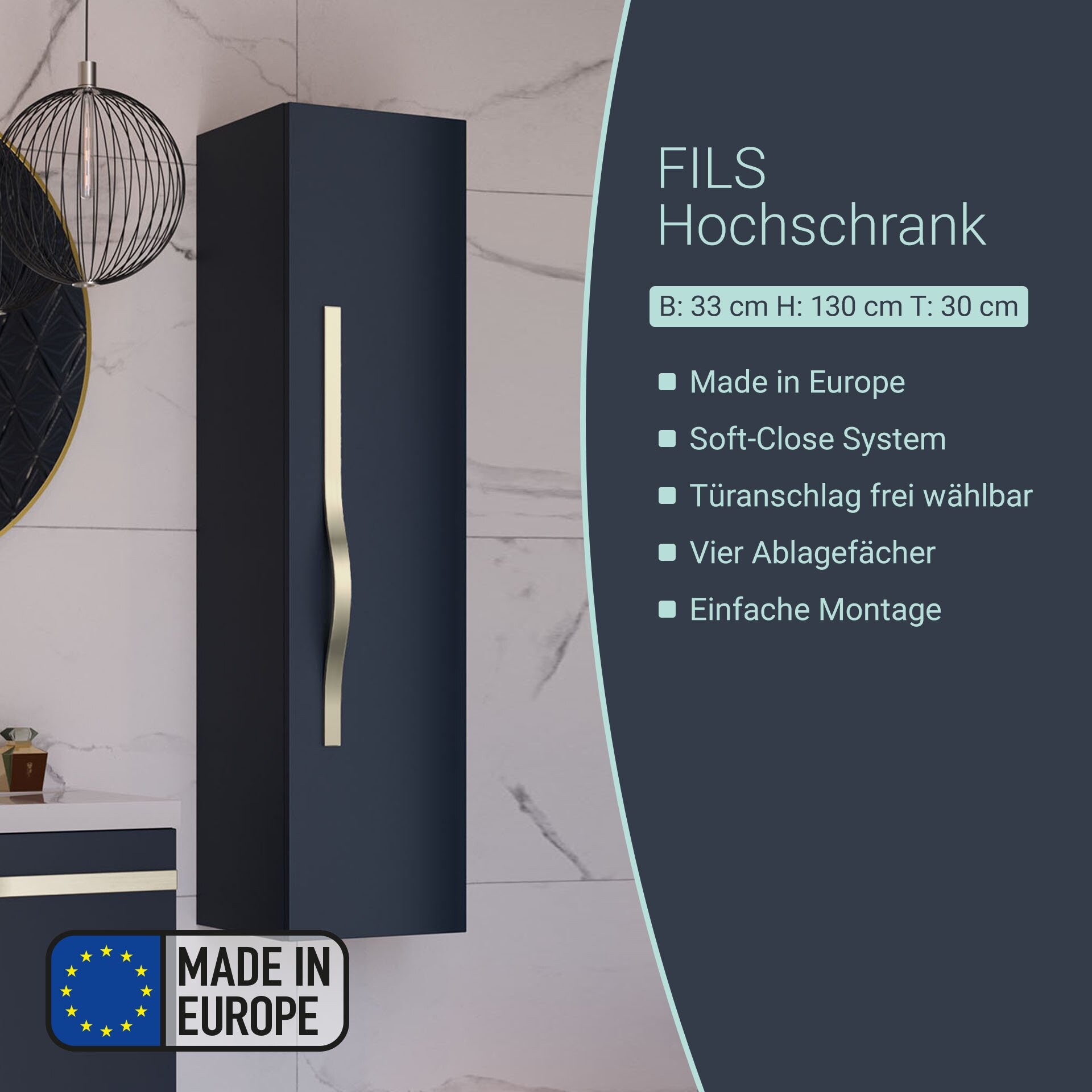 BADEDU FILS Hochschrank 33 cm breit, Blau, Griff Silber