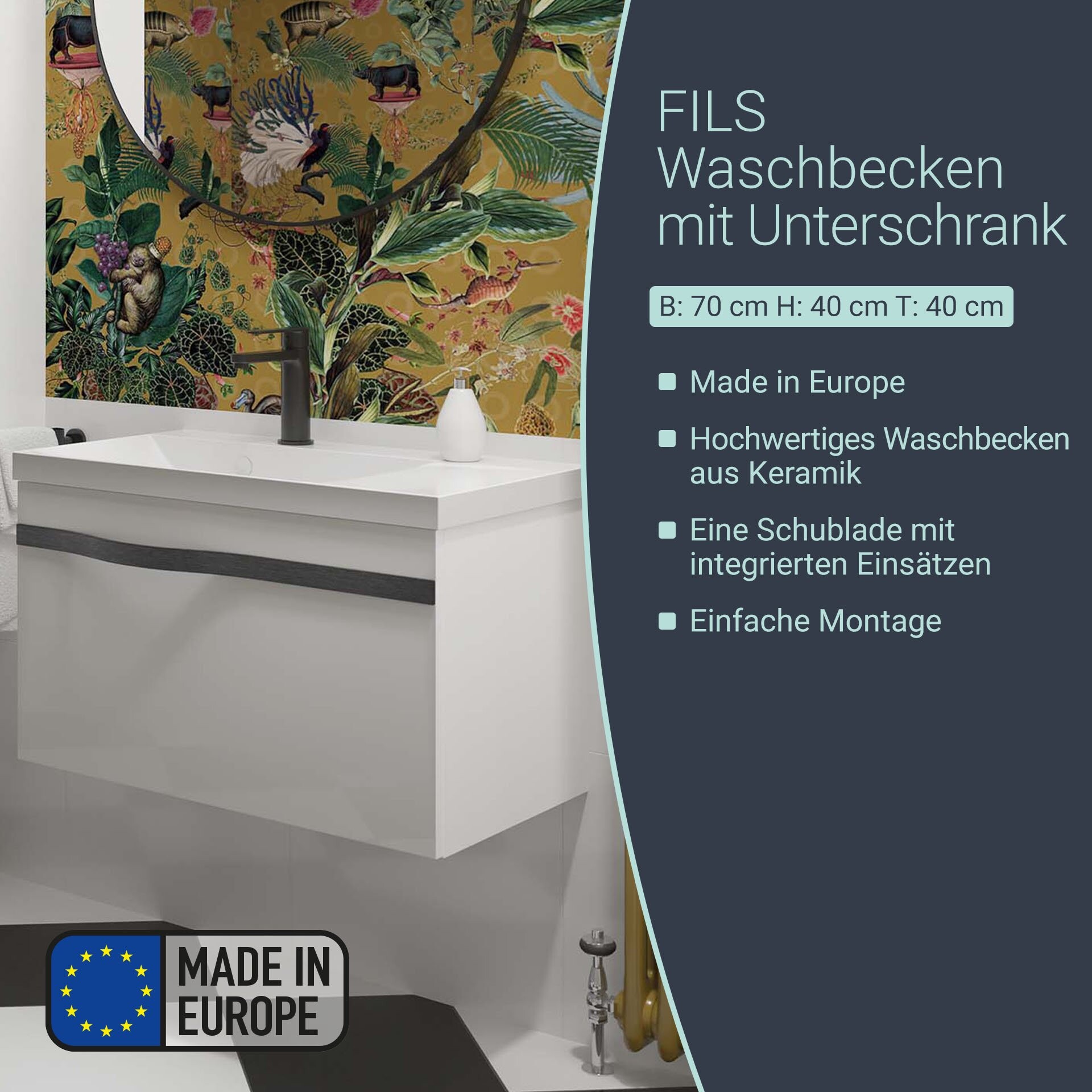 BADEDU FILS Waschbecken mit Unterschrank 69 cm breit, Weiß, Waschbecken Gussmarmor Weiß, Griff Schwarz