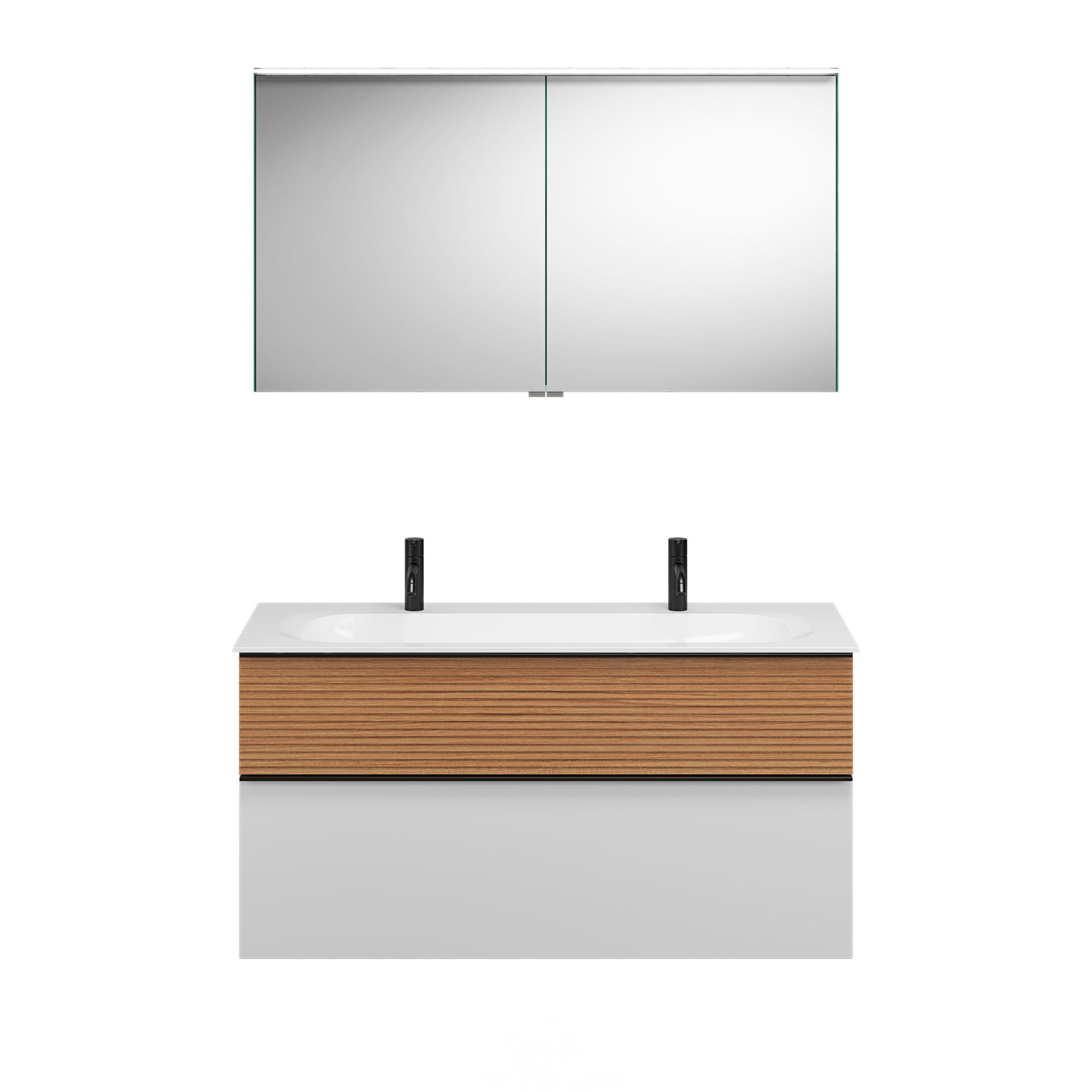 Burgbad FIUMO Waschtisch Set mit Spiegelschrank 122 cm breit, Braun/Weiß, Doppelwaschbecken Gussmarmor Weiß Burgbad FIUMO Waschtisch Set mit Spiegelschrank 122 cm breit, Braun/Weiß, Doppelwaschbecken Gussmarmor Weiß