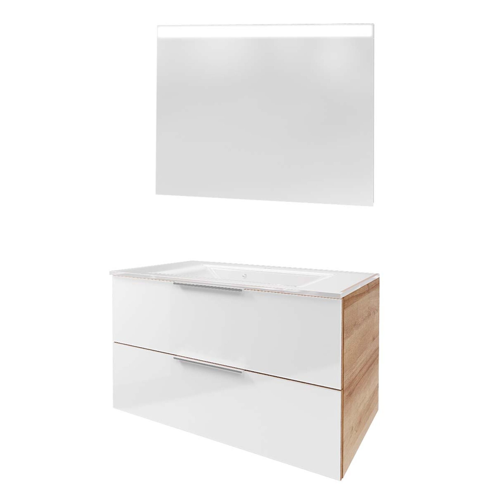 Fackelmann B. BRILLANT Badmöbel Set 3-teilig 100 cm, Weiß Glas/Braun hell, Glas Weiß + LED-Spiegel Fackelmann B. BRILLANT Badmöbel Set 3-teilig 100 cm, Weiß Glas/Braun hell, Glas Weiß + LED-Spiegel