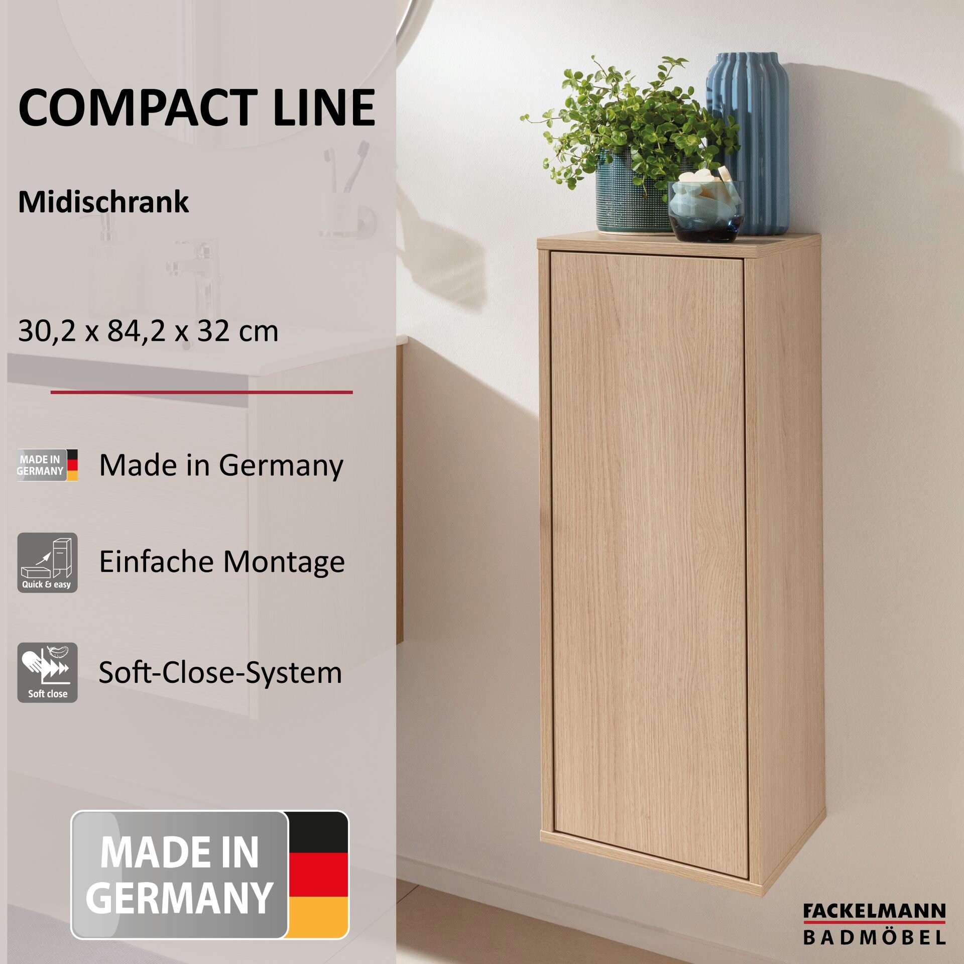 FACKELMANN COMPACT LINE Midischrank 30 cm breit, Braun hell