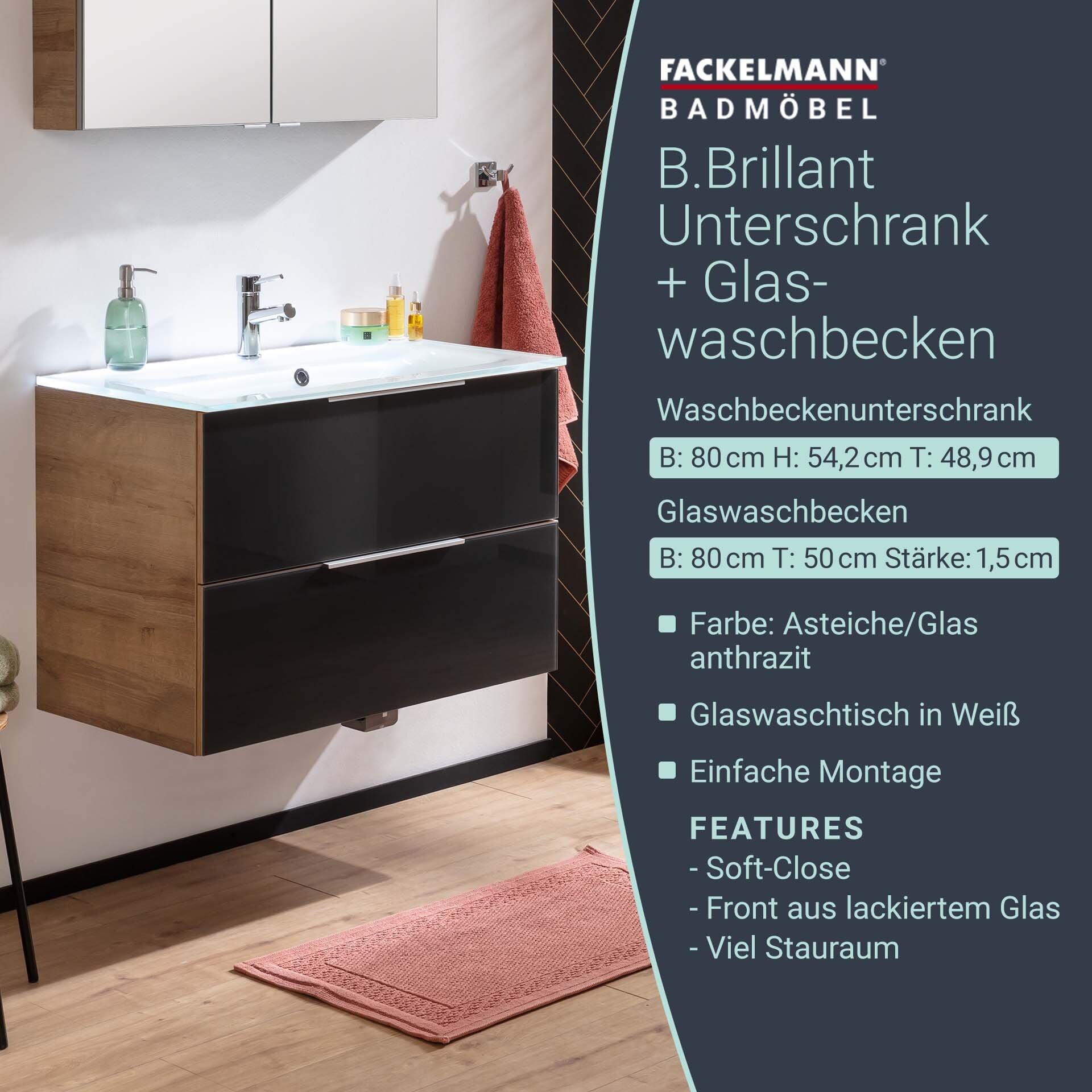 Fackelmann B.BRILLANT Badmöbel Set 2-teilig, 80 cm breit, Anthrazit Glas/Braun hell, Glas Weiß