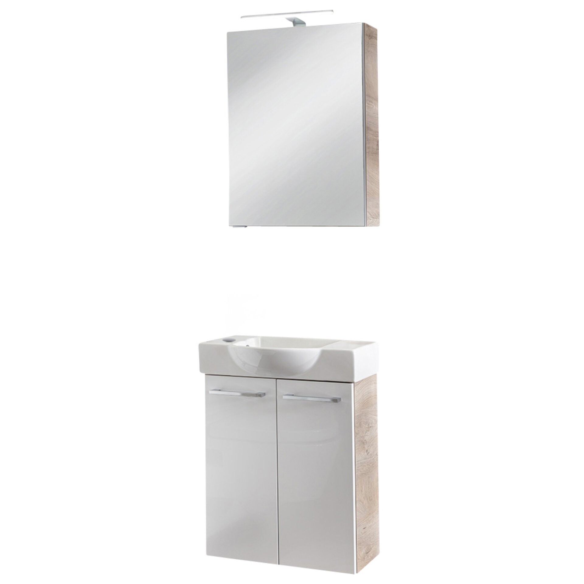 FACKELMANN SBC STANFORD Gäste WC Waschtisch Set mit Spiegelschrank 55 cm breit, Weiß/Braun hell, Türanschlag links FACKELMANN SBC STANFORD Gäste WC Waschtisch Set mit Spiegelschrank 55 cm breit, Weiß/Braun hell, Türanschlag links