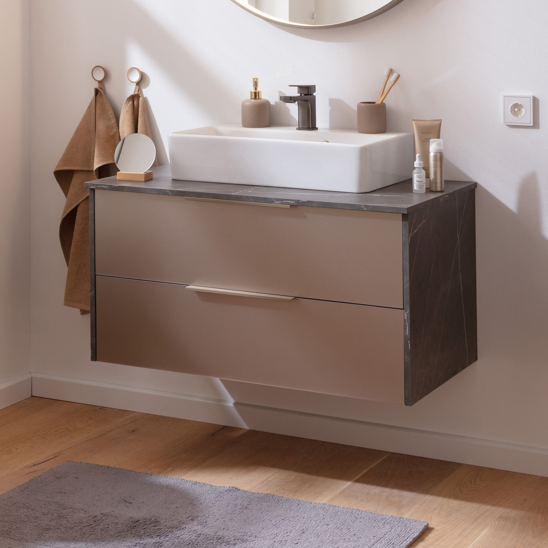 LANZET VIDRO Waschbecken mit Unterschrank 90 cm breit, Braun/Marmor Grau, Waschbecken Keramik Weiß LANZET VIDRO Waschbecken mit Unterschrank 90 cm breit, Braun/Marmor Grau, Waschbecken Keramik Weiß