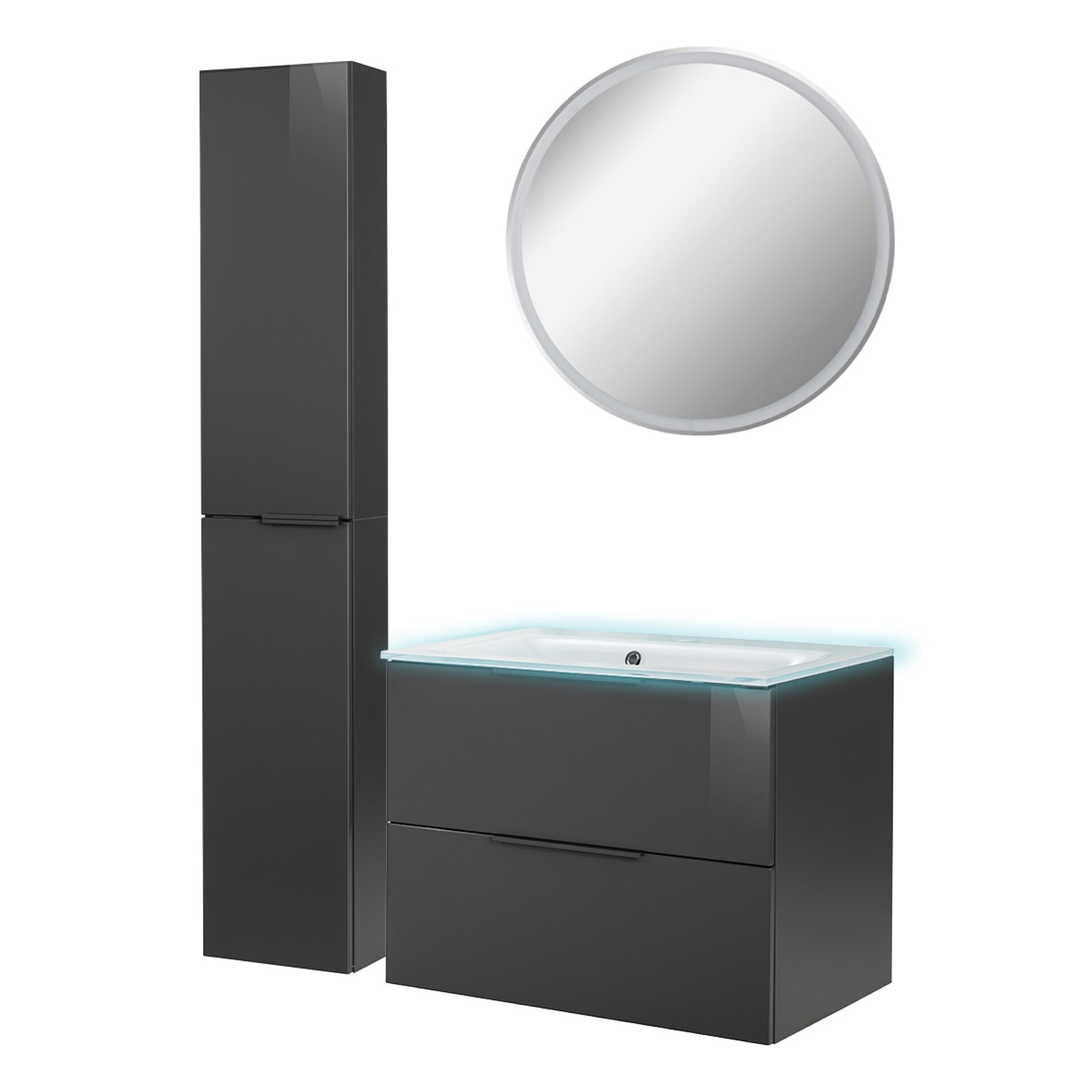 Fackelmann LUNA Badmöbel Set 5-teilig, 80 cm breit, Anthrazit, Glas Weiß+Spiegel+Hochschrank slim Fackelmann LUNA Badmöbel Set 5-teilig, 80 cm breit, Anthrazit, Glas Weiß+Spiegel+Hochschrank slim