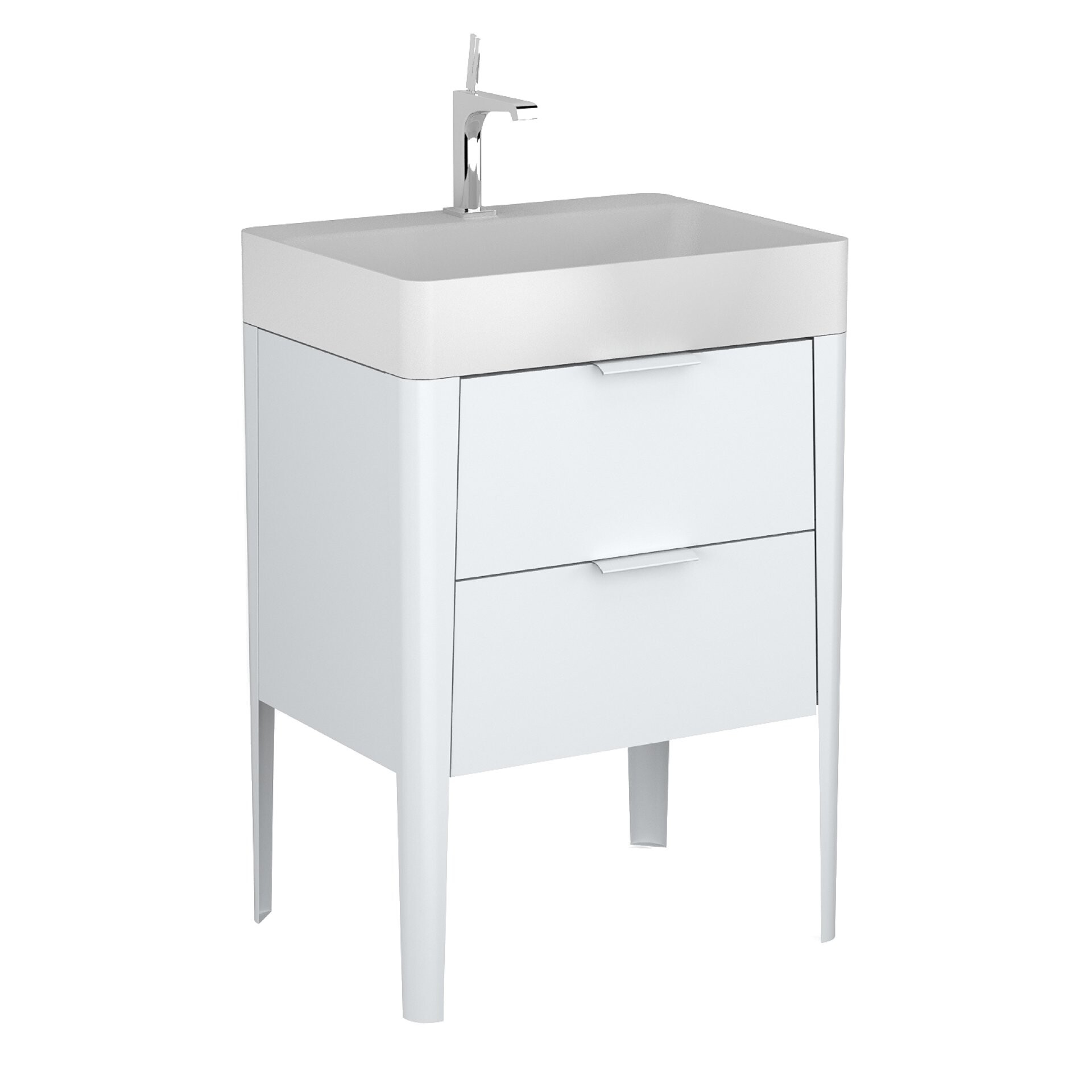 BADEDU SORA Waschbecken mit Unterschrank 60 cm breit, Weiß matt, Waschbecken Quarzkomposit Weiß, aus Aluminium, mit Füßen