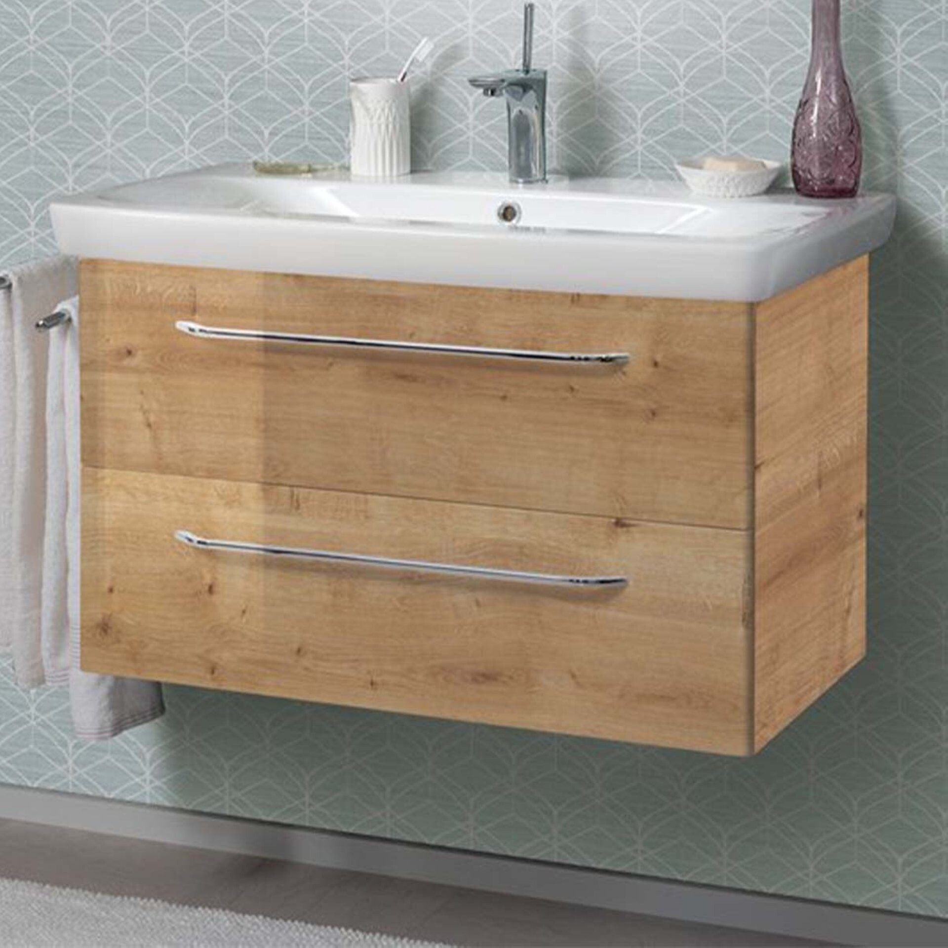 FACKELMANN MILANO Waschtisch mit Unterschrank, 88 cm breit, Braun hell, Waschbecken Keramik FACKELMANN MILANO Waschtisch mit Unterschrank, 88 cm breit, Braun hell, Waschbecken Keramik