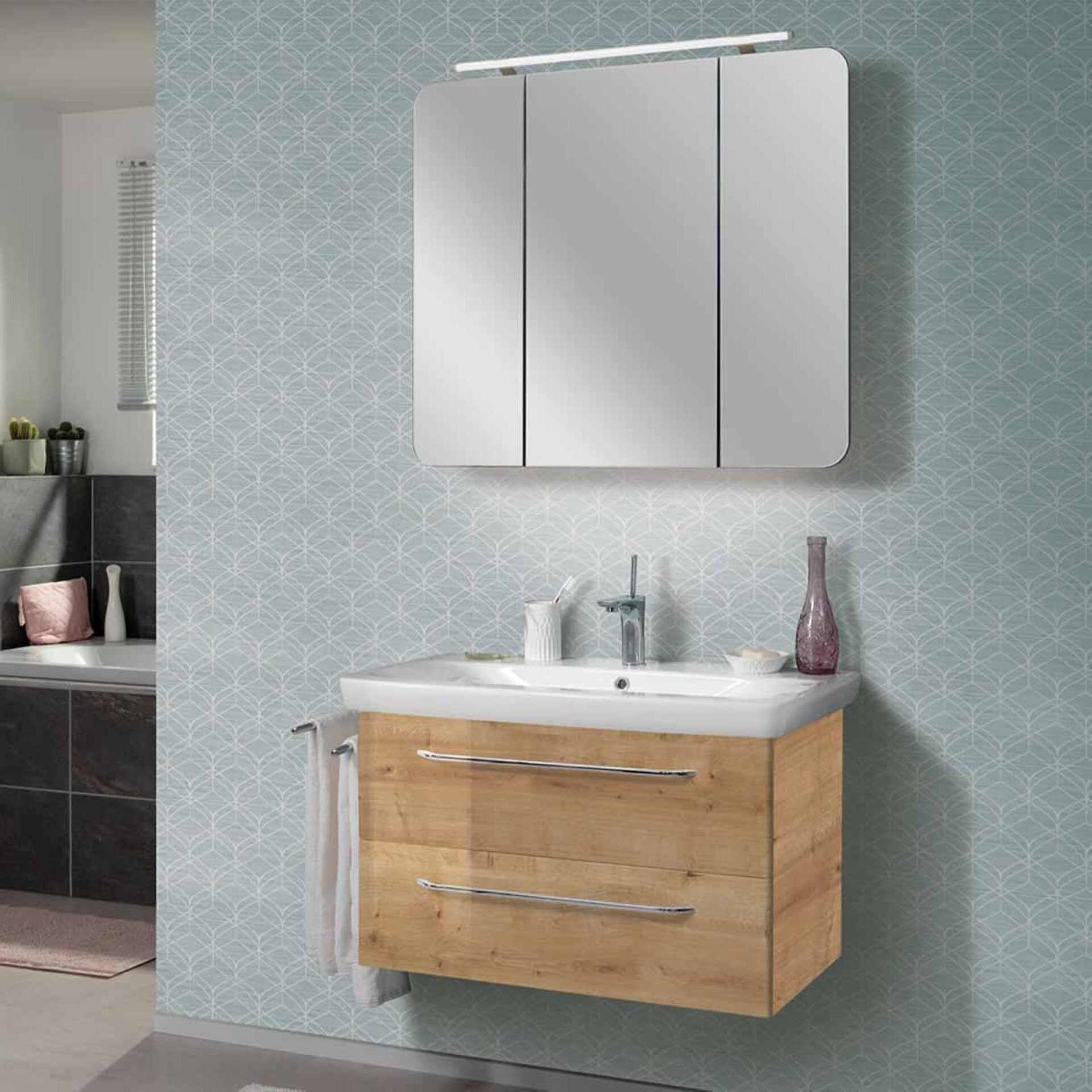 FACKELMANN MILANO Waschtisch Set mit Spiegelschrank 88 cm breit, Braun hell, Waschbecken Keramik FACKELMANN MILANO Waschtisch Set mit Spiegelschrank 88 cm breit, Braun hell, Waschbecken Keramik
