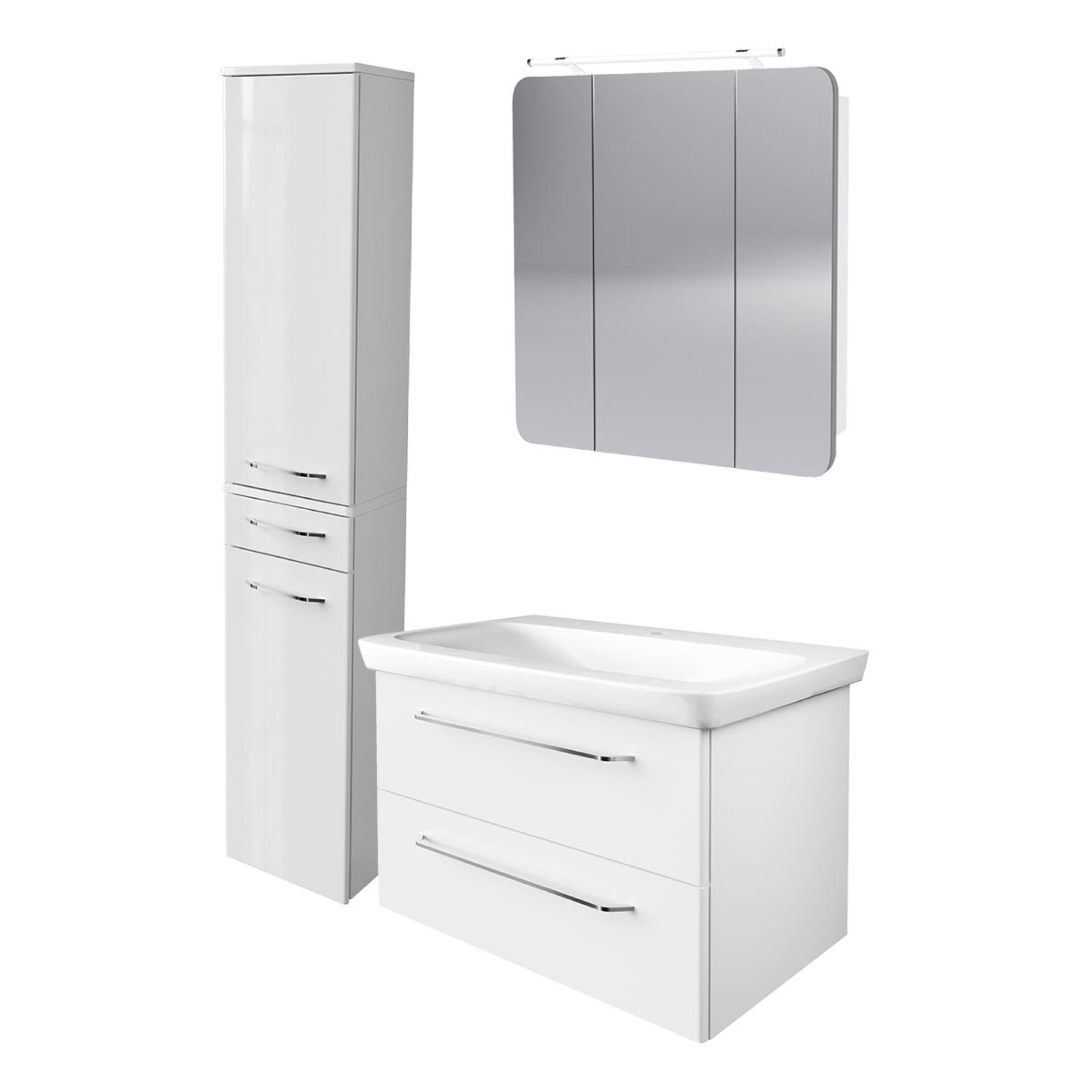 FACKELMANN MILANO Badmöbel Set 4-teilig, 88 cm breit, Weiß, Waschbecken Keramik, LED-Spiegelschrank + Hochschrank FACKELMANN MILANO Badmöbel Set 4-teilig, 88 cm breit, Weiß, Waschbecken Keramik, LED-Spiegelschrank + Hochschrank