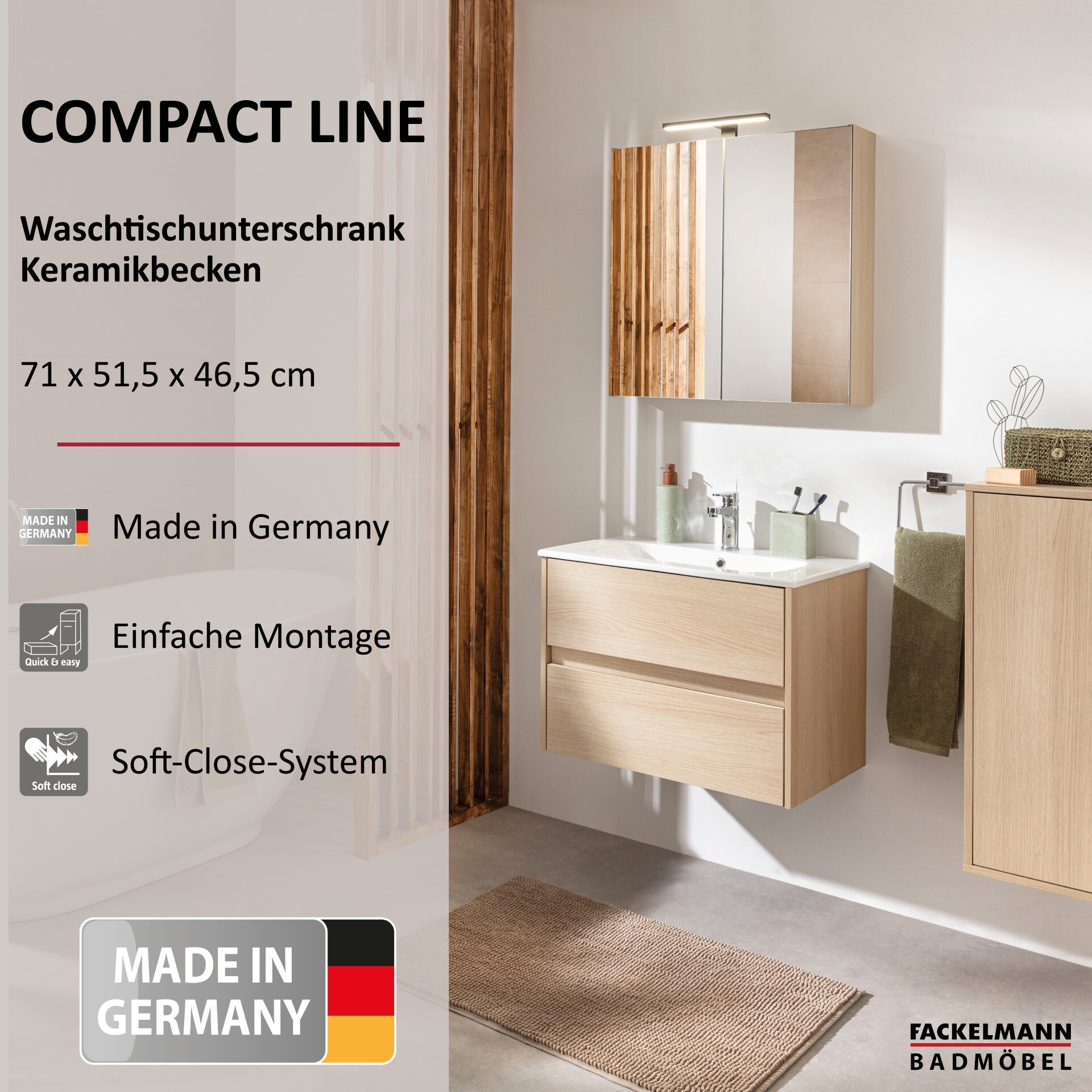 FACKELMANN COMPACT LINE Waschbecken mit Unterschrank 71 cm breit, Braun hell, Waschbecken Keramik Weiß, 2 Schubladen