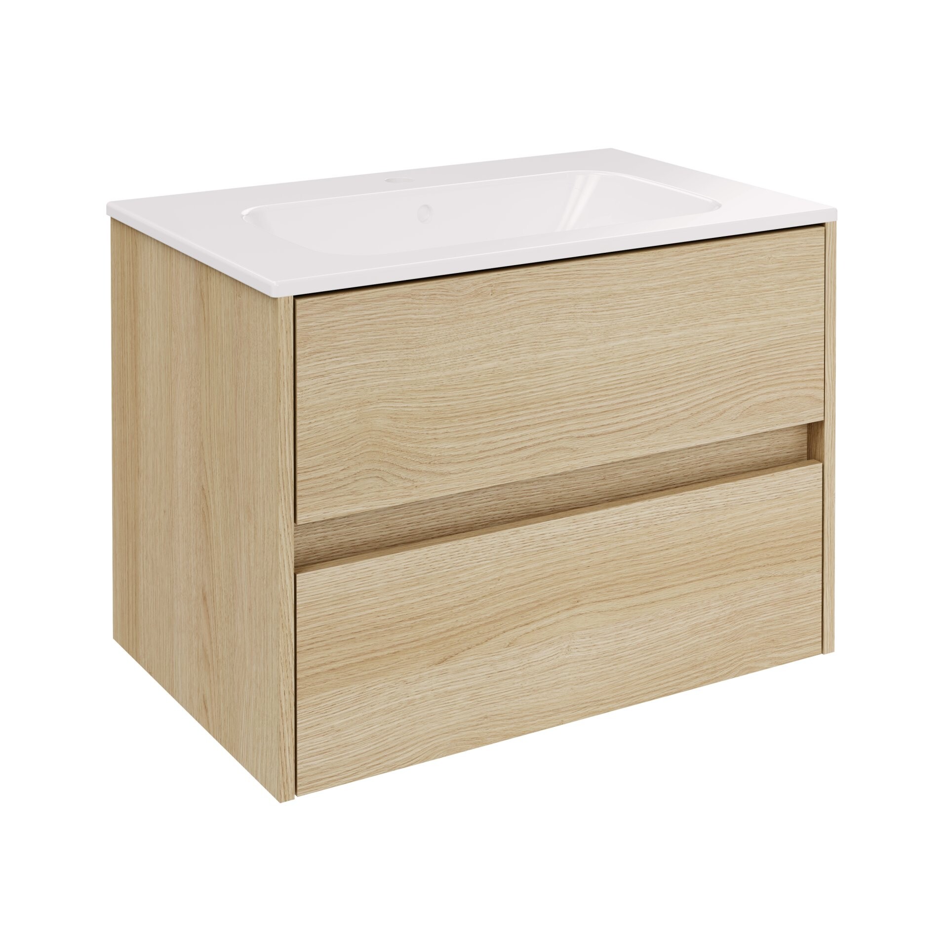 FACKELMANN COMPACT LINE Waschbecken mit Unterschrank 71 cm breit, Braun hell, Waschbecken Keramik Weiß, 2 Schubladen