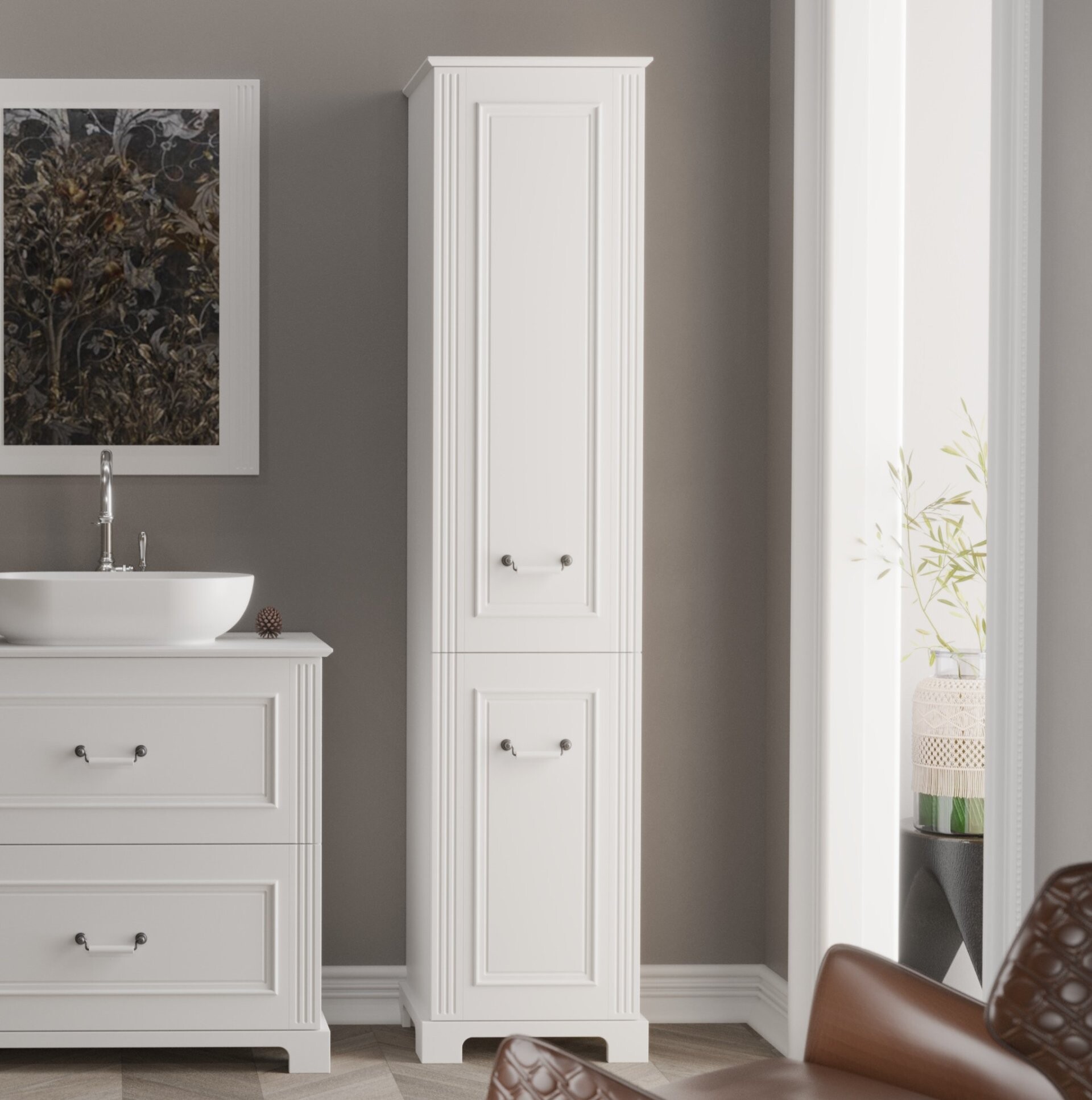 BADEDU RILA Hochschrank 43 cm breit, Weiß matt, 1 Tür, Wäschekorb unten mit Auszug