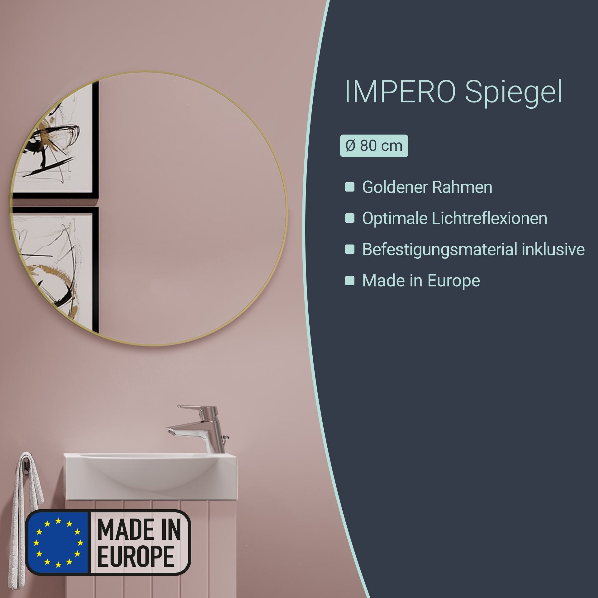 BADEDU IMPERO Spiegel Ø 80 cm, Gold, rund