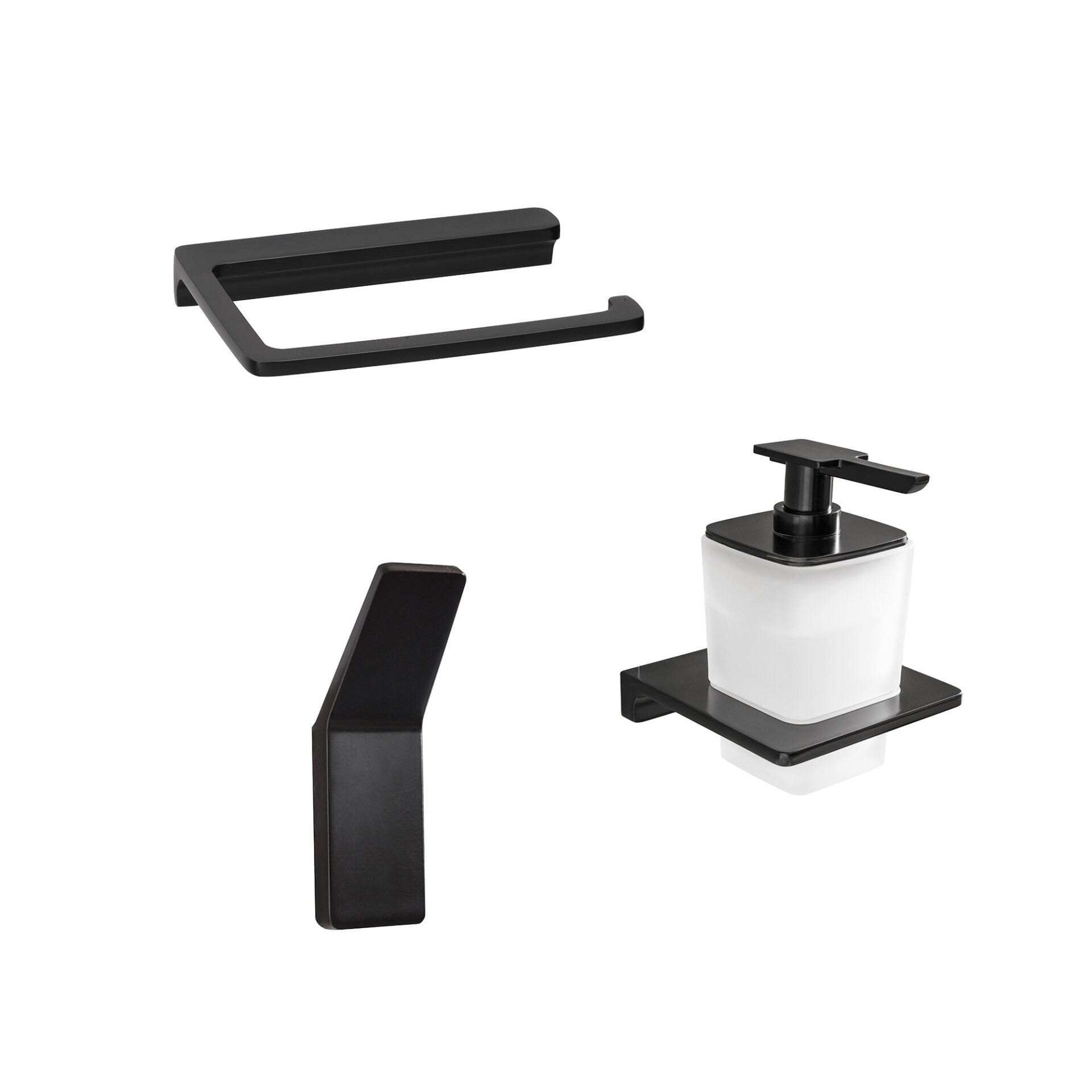 BADEDU SIRIUS Accessoire Set 3-teilig, Schwarz matt, Handtuchhaken, Toilettenpapierhalter, Seifenspender mit Halter