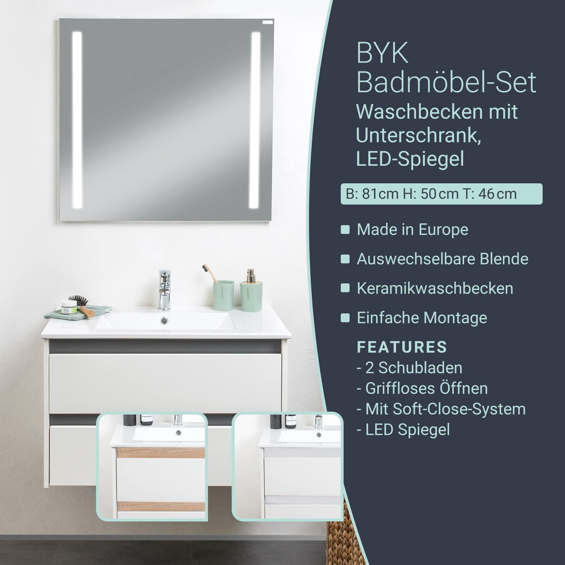 BadeDu BYK Badmöbelset 3-teilig 80 cm, Weiß/Braun/Anthrazit inkl. LED-Spiegel