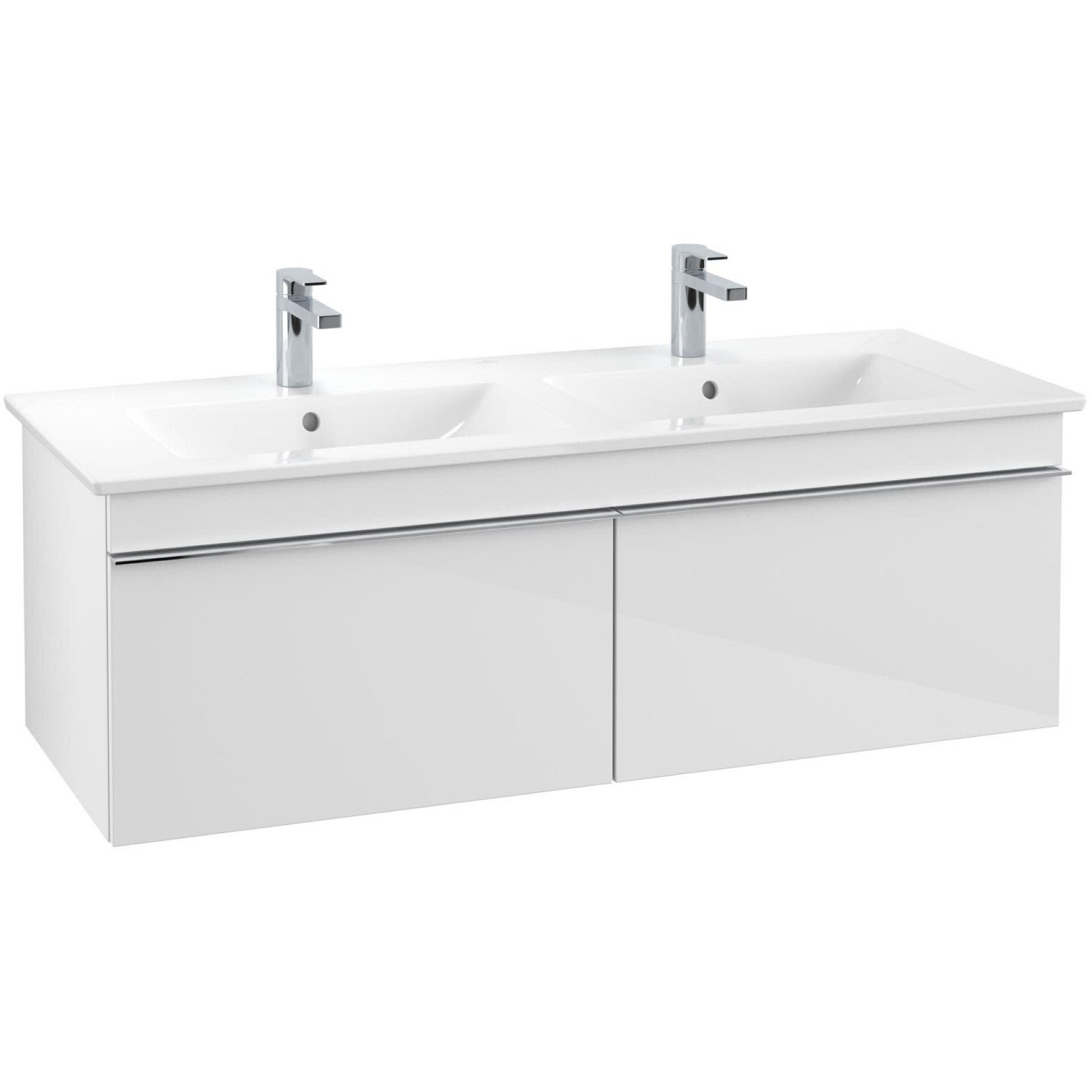 VILLEROY & BOCH VENTICELLO Waschbeckenunterschrank 125 cm breit, Weiß, Griff Chrom, 2 Schubladen, für Doppelwaschbecken