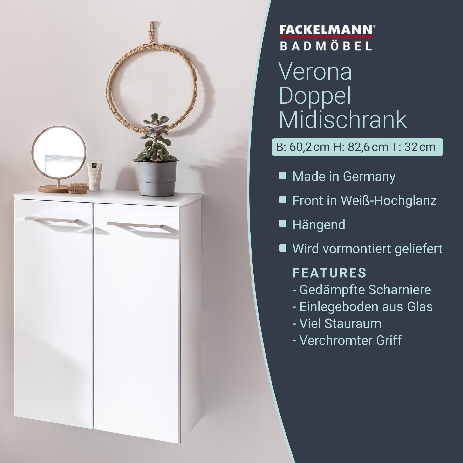Fackelmann VERONA Doppel Midischrank 60 cm, Weiß Hochglanz Fackelmann VERONA Doppel Midischrank 60 cm, Weiß Hochglanz