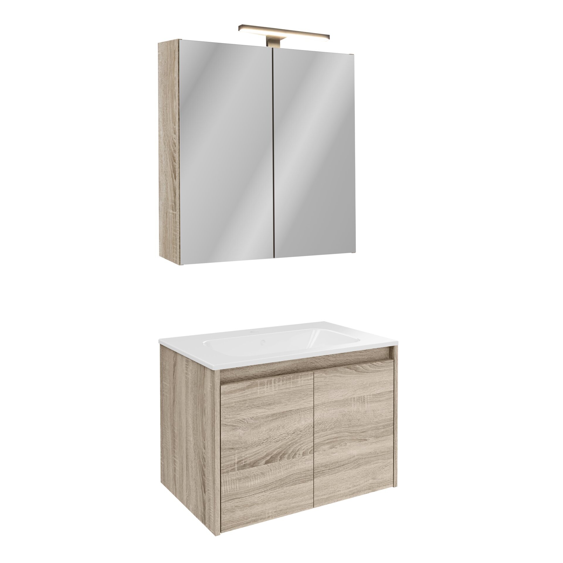 FACKELMANN COMPACT LINE Waschtisch Set mit Spiegelschrank 71 cm breit, Braun, Waschbecken Keramik Weiß, inklusive Aufsatzleuchte und Energie Box