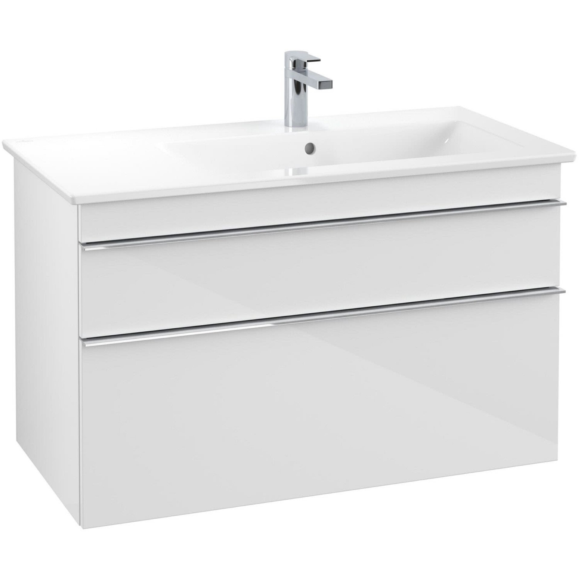 VILLEROY & BOCH VENTICELLO Waschbeckenunterschrank 95 cm breit, Weiß, Griff Chrom, 2 Schubladen, Ablage links