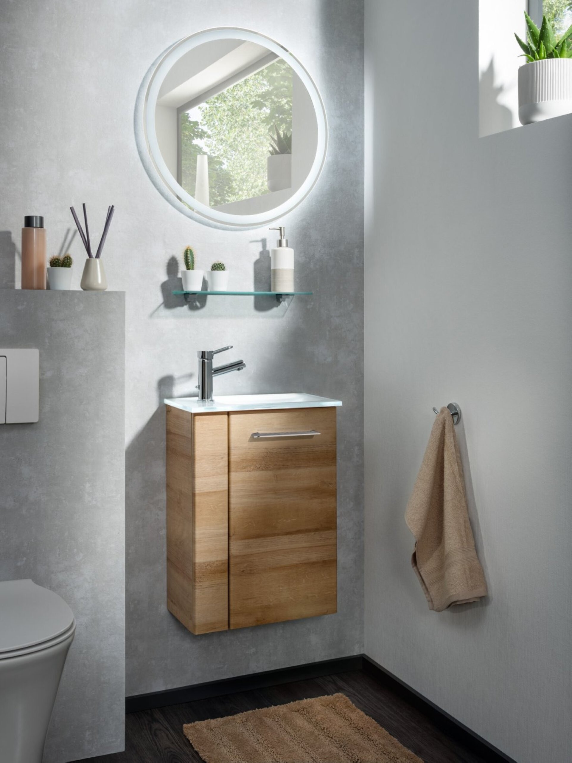 Fackelmann SBC MILANO Gäste WC Set 4-teilig 45 cm, Braun hell, rechts, Glas Weiß, LED-Spiegel+Ablage