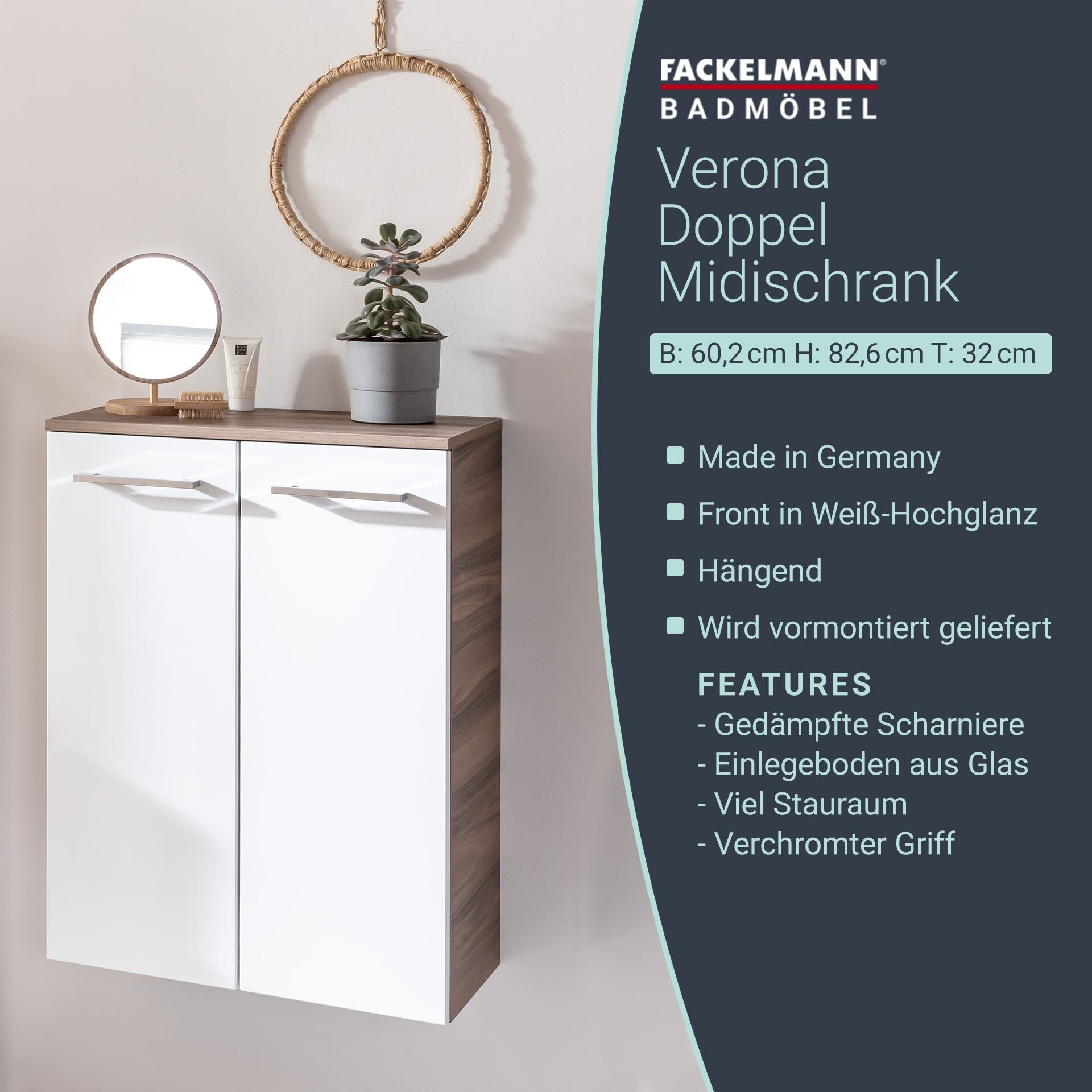 Fackelmann VERONA Doppel Midischrank 60 cm, Braun Dunkel/Weiß Hochglanz