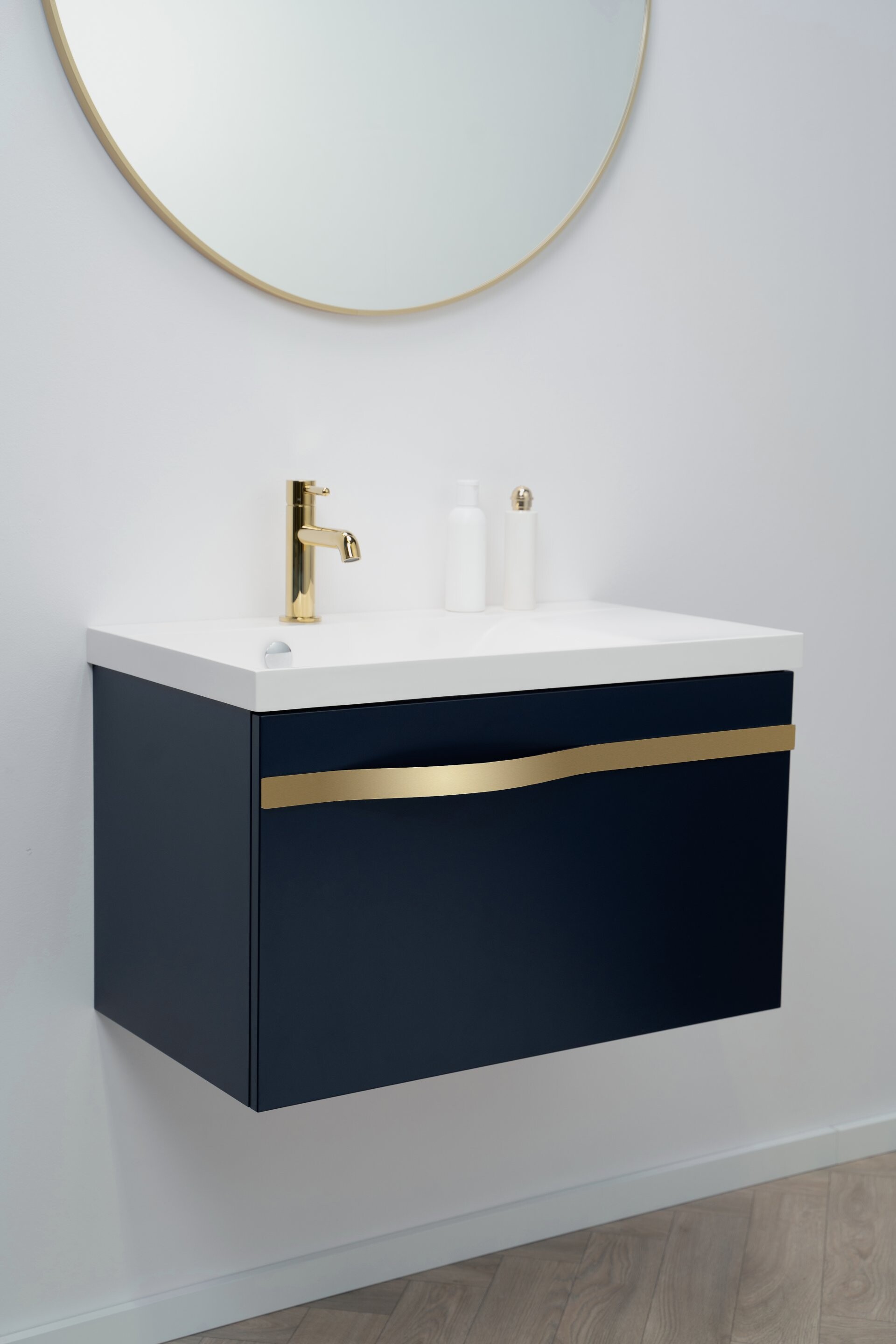 BADEDU FILS Waschbecken mit Unterschrank 69 cm breit, Blau, Waschbecken Gussmarmor Weiß, Griff Gold