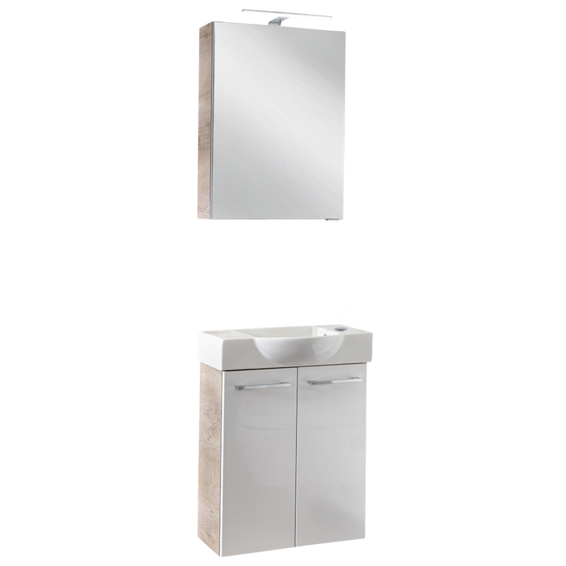 FACKELMANN SBC STANFORD Gäste WC Waschtisch Set mit Spiegelschrank 55 cm breit, Weiß/Braun hell, Türanschlag rechts FACKELMANN SBC STANFORD Gäste WC Waschtisch Set mit Spiegelschrank 55 cm breit, Weiß/Braun hell, Türanschlag rechts