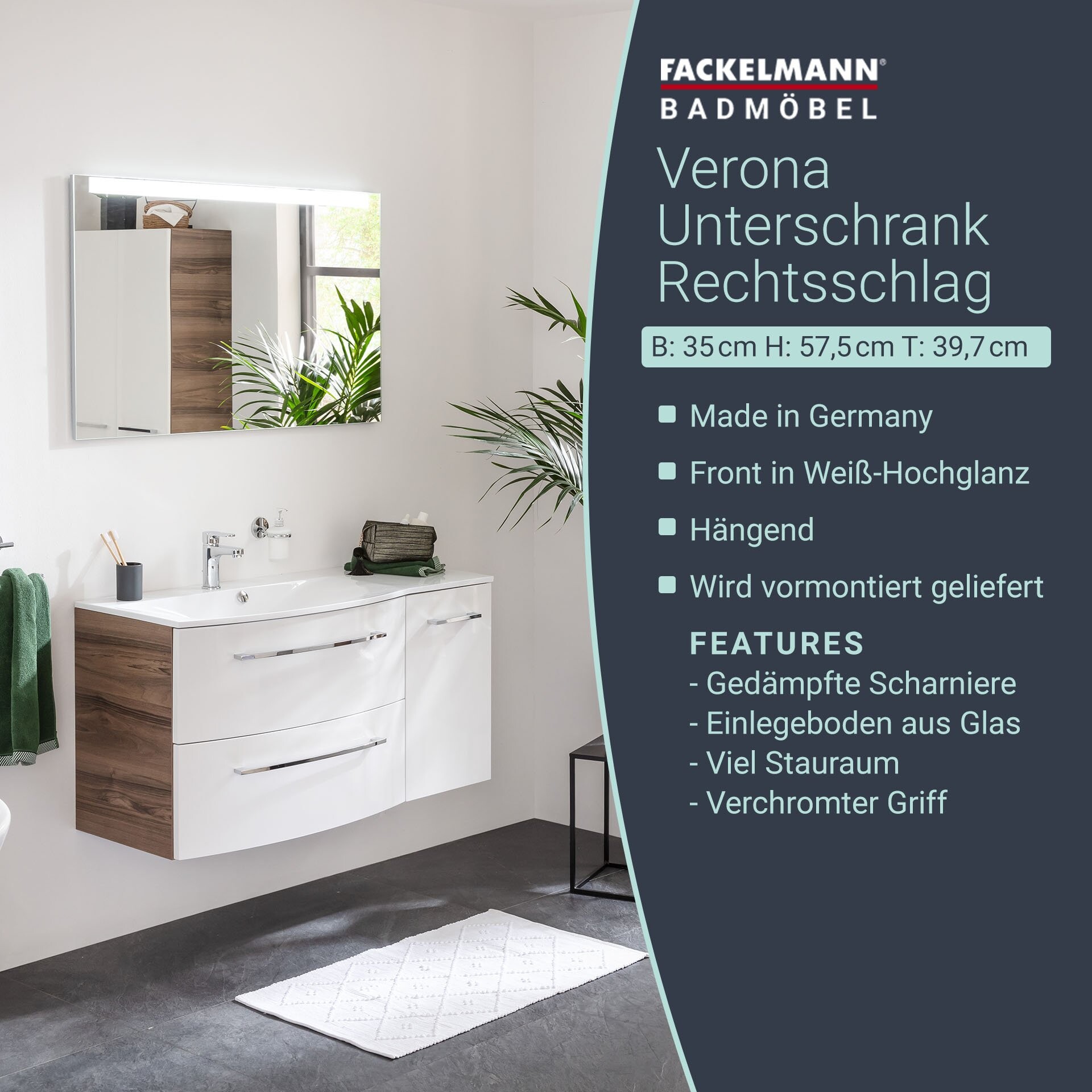 Fackelmann VERONA Unterschrank 35 cm, rechts, Braun Dunkel/Weiß Hochglanz