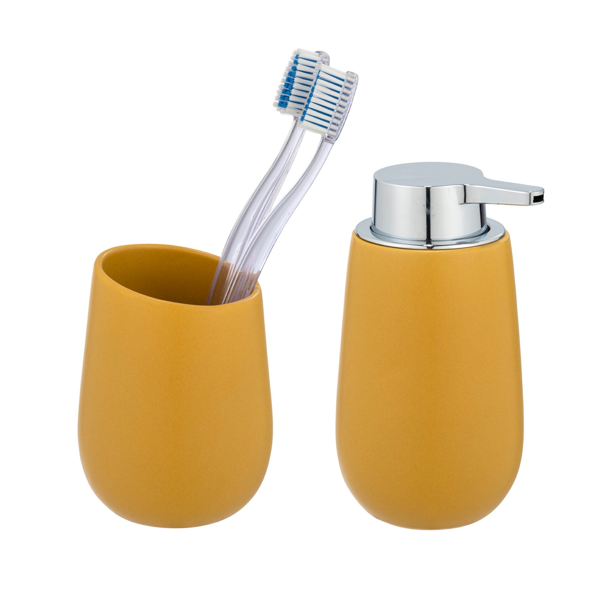 WENKO BADI Accessoire Set, Gelb, Zahnputzbecher, Seifenspender, Keramik