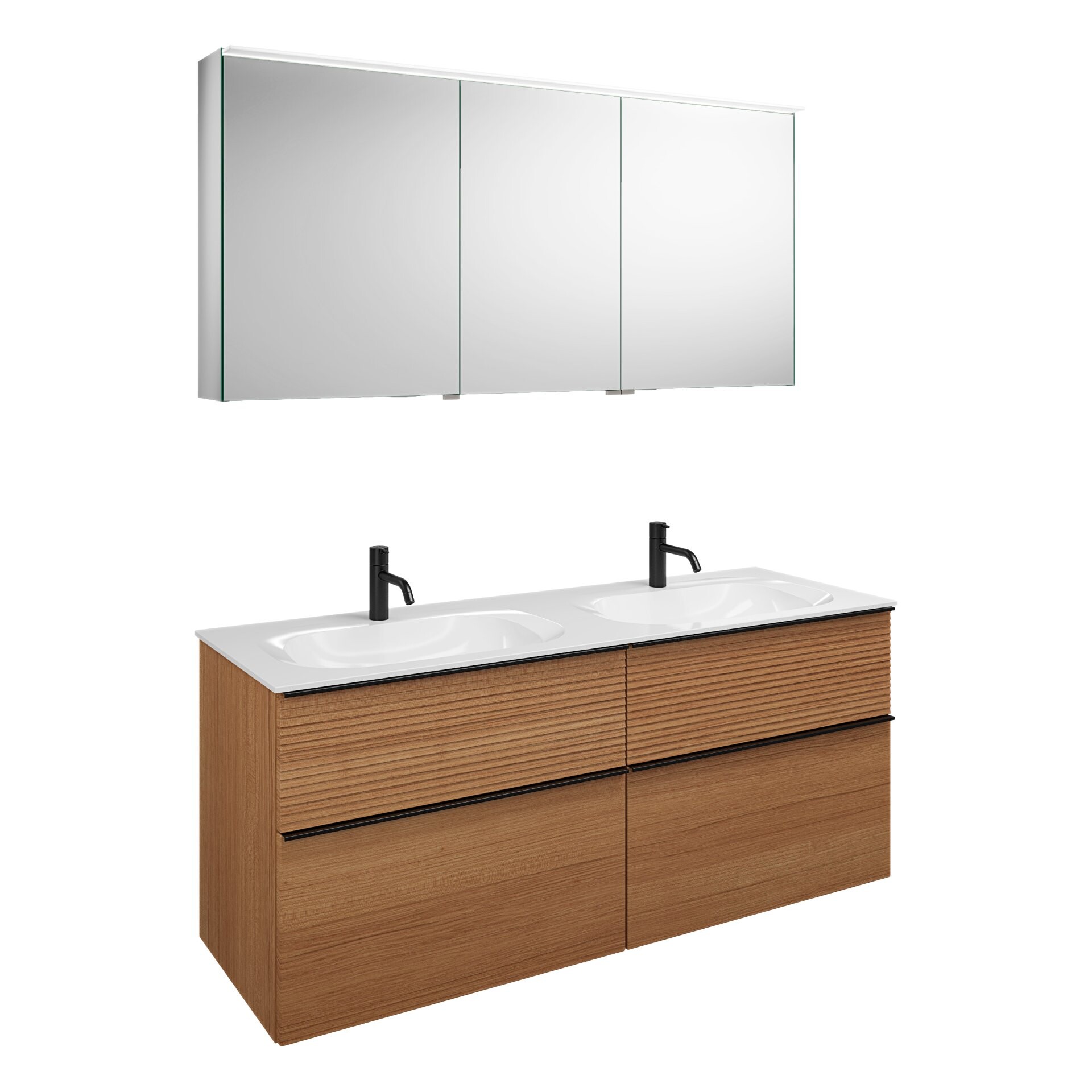 Burgbad FIUMO Waschtisch Set mit Spiegelschrank 142 cm breit, Braun, Doppelwaschbecken Gussmarmor Weiß, 4 Schubladen, Anschlag links Burgbad FIUMO Waschtisch Set mit Spiegelschrank 142 cm breit, Braun, Doppelwaschbecken Gussmarmor Weiß, 4 Schubladen, Anschlag links