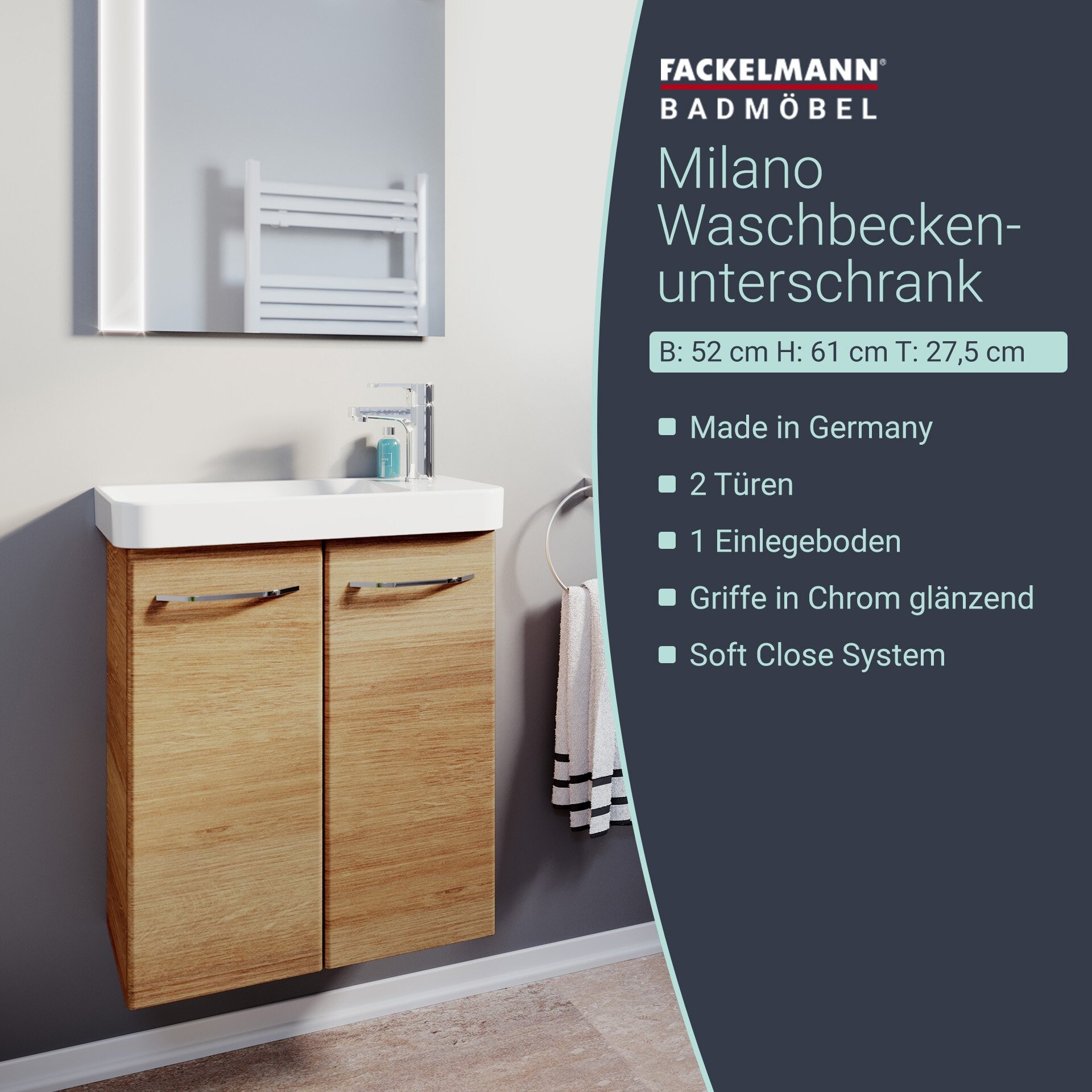 Fackelmann MILANO Waschbeckenunterschrank 52 cm, Braun hell