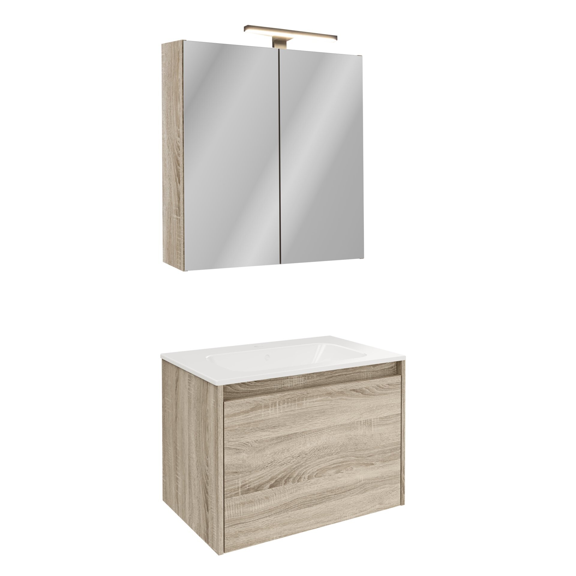 FACKELMANN COMPACT LINE Waschtisch Set mit Spiegelschrank 71 cm breit, Braun, Waschbecken Keramik Weiß, inklusive Aufsatzleuchte und Energie Box, 1 Schublade