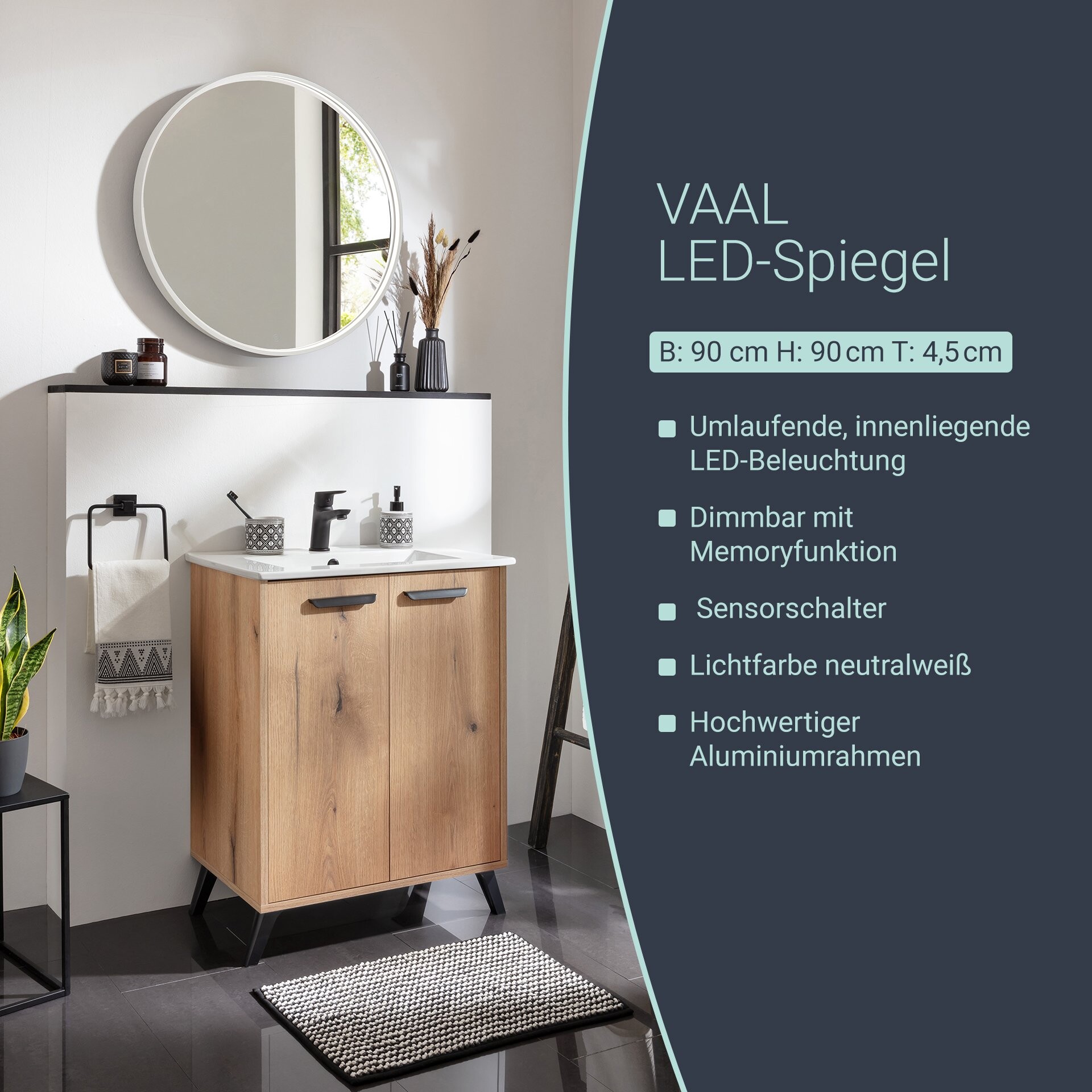 BADEDU VAAL LED Spiegel Ø 90 cm, rund, Weiß, Sensor BADEDU VAAL LED Spiegel Ø 90 cm, rund, Weiß, Sensor
