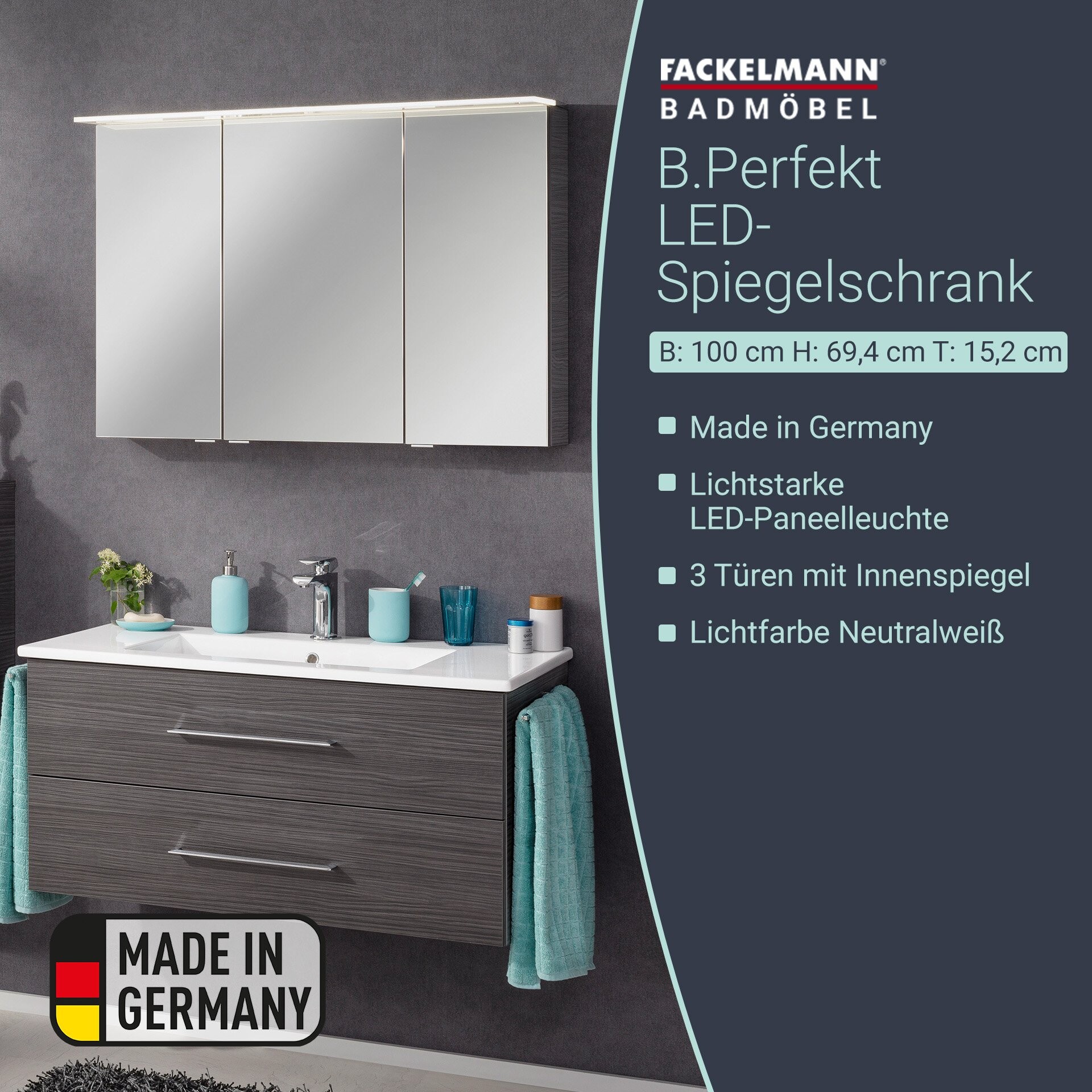 Fackelmann B.PERFEKT LED Spiegelschrank 100 cm breit, Anthrazit Fackelmann B.PERFEKT LED Spiegelschrank 100 cm breit, Anthrazit