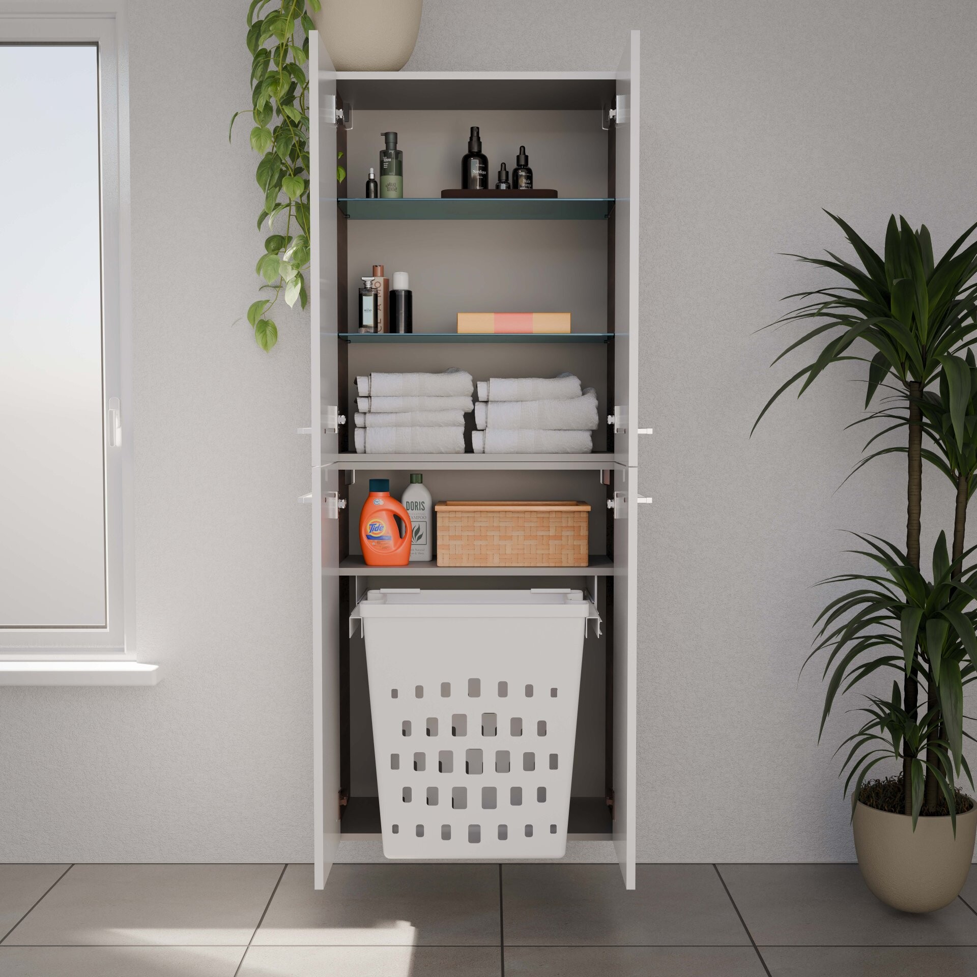 FACKELMANN VERONA Doppel Hochschrank 60 cm, Braun Dunkel/Weiß Hochglanz mit Wäschekorb