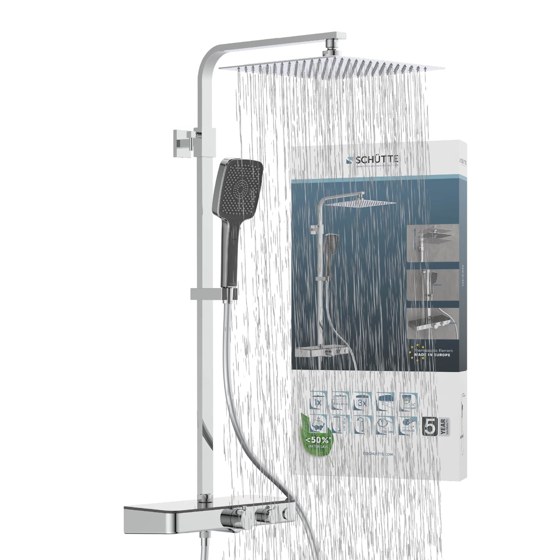 SCHÜTTE OCEAN Überkopf-Brauseset, Chrom/Anthrazit, mit Duschthermostat und Ablage